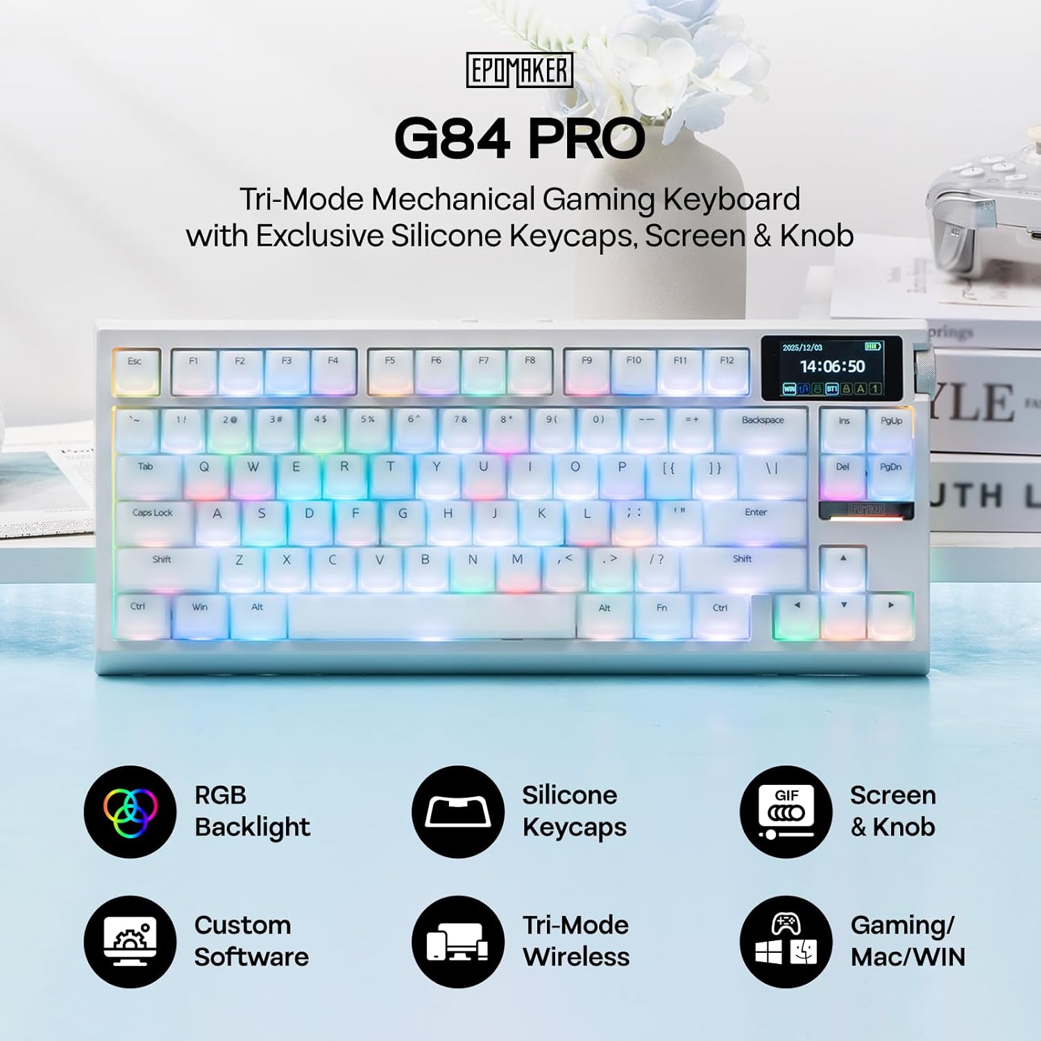 Detalle 2 de EPOMAKER G84 PRO Wireless Keyboard with Screen & Knob (Creamy Jade Switch)