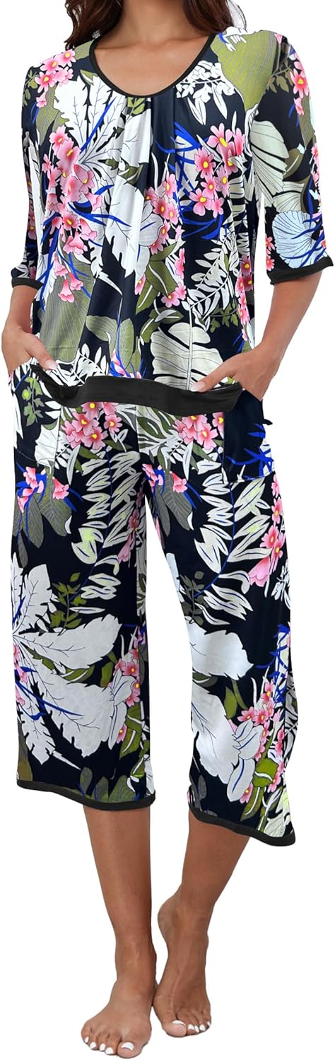 Detalle de Famulily Women's Capri Pajama Sets - Color Block V-Neck, 2-Piece Sleepwear