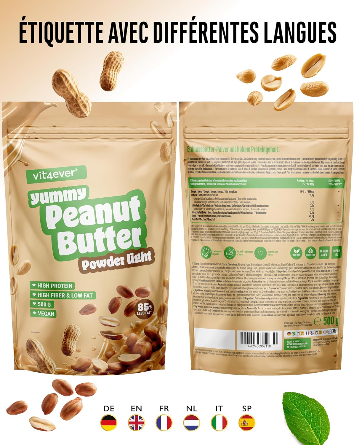 Detalle de Beurre de cacahuètes light en poudre Vit4ever (85%) 500 g, sans sucre ajouté