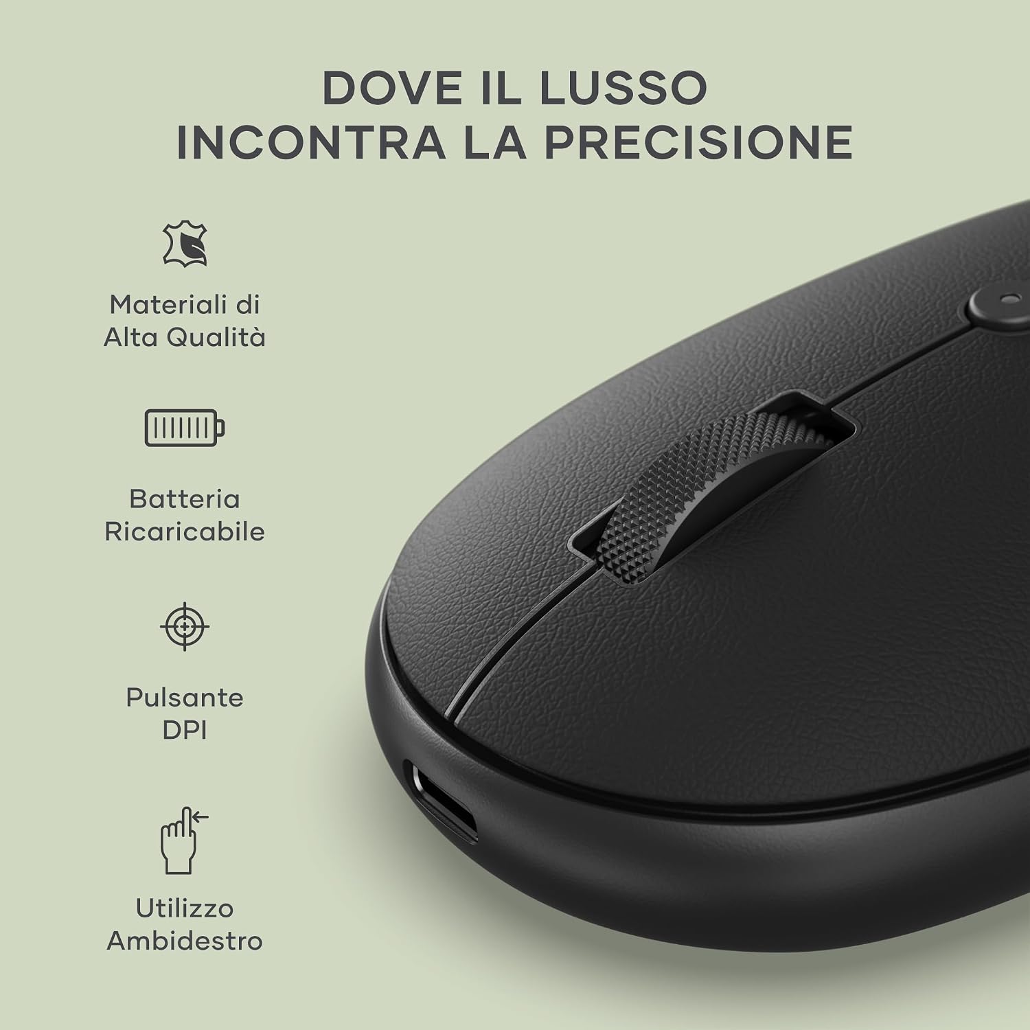 Detalle de Satechi OntheGo™ Mouse Wireless con ricarica USB‑C e Bluetooth multi-dispositivo (fino a 3) – Nero
