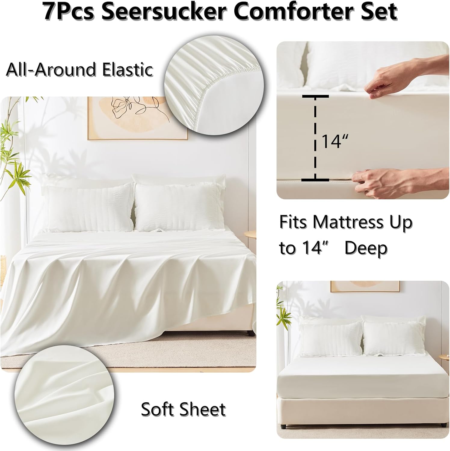 Thumbnail 5 de CozyLux California King Comforter Set with Sheets (7 Pieces) – Ivory Seersucker, Down Alternative Comforter