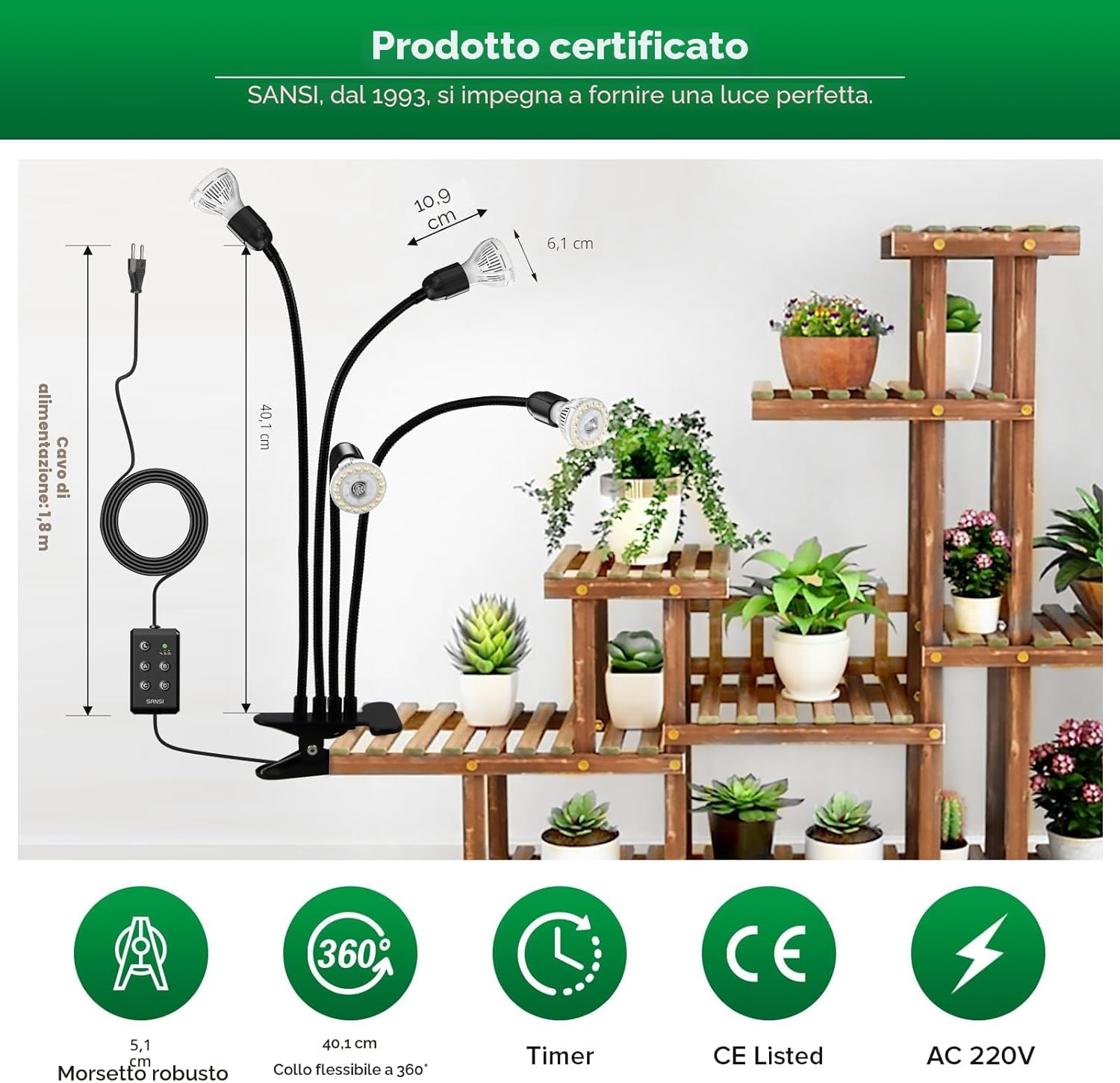 Detalle de SANSI lampada LED per piante da interno 40W (equivalenti 600W), spettro completo e timer 4/8/12 ore con 4 bracci