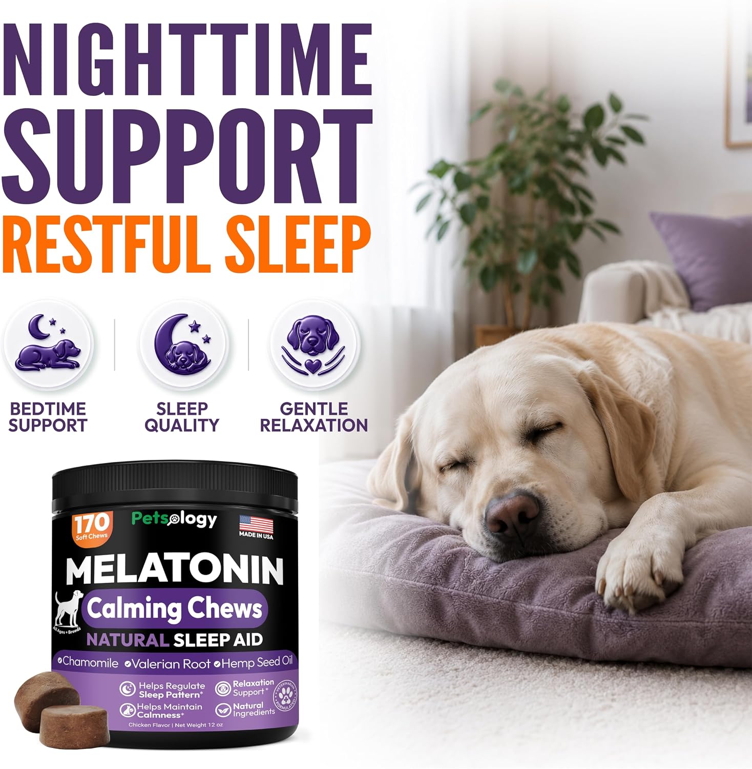 Detalle 2 de Petsology MLTND Dog Melatonin Calming Chews, 170 Chicken-Flavor Soft Chews