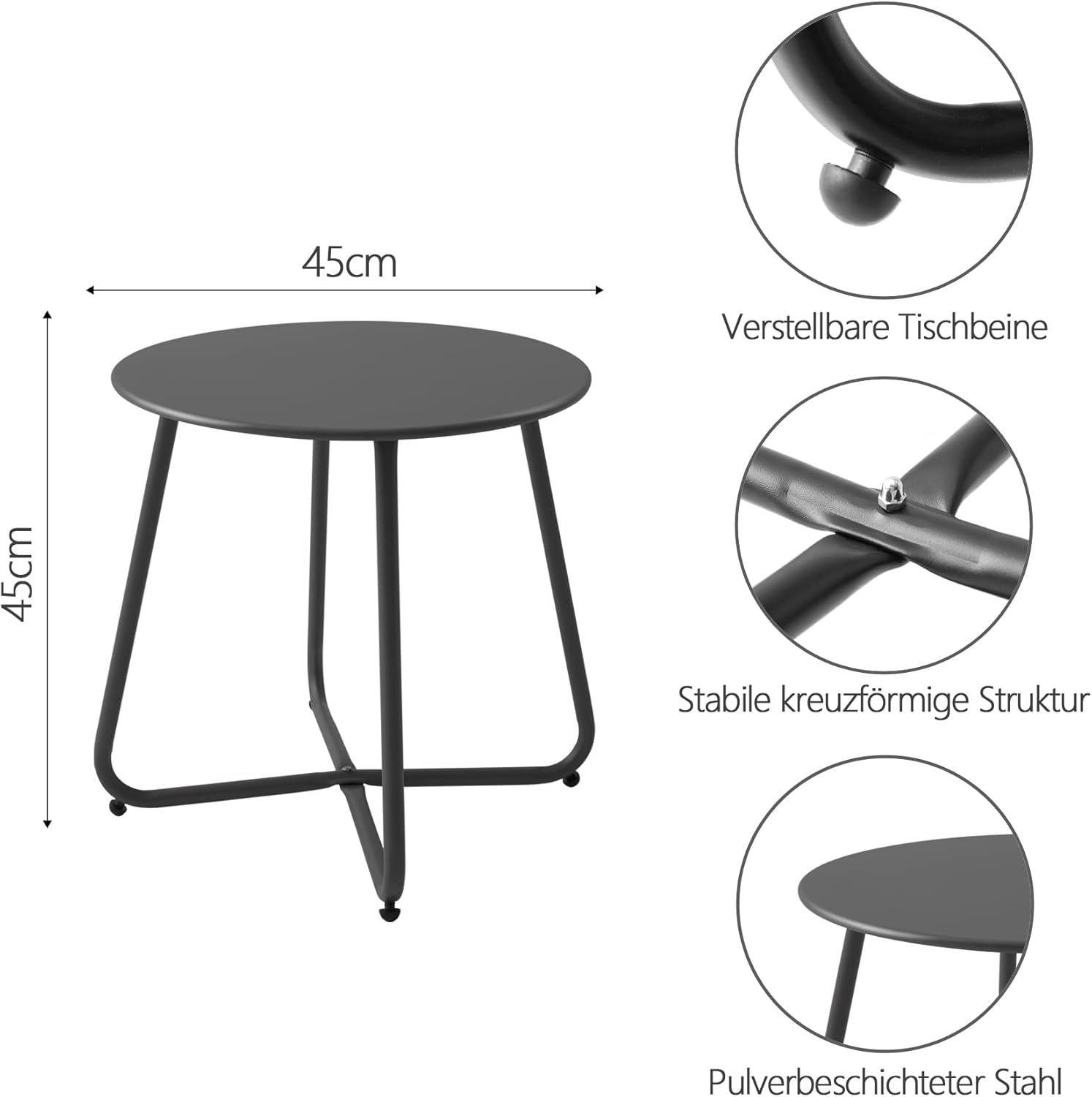 Thumbnail 2 de Fokebel Beistelltisch mit höhenverstellbaren Tischbeinen, Metall rund (Schwarz) – Ø 45 × 45 H cm