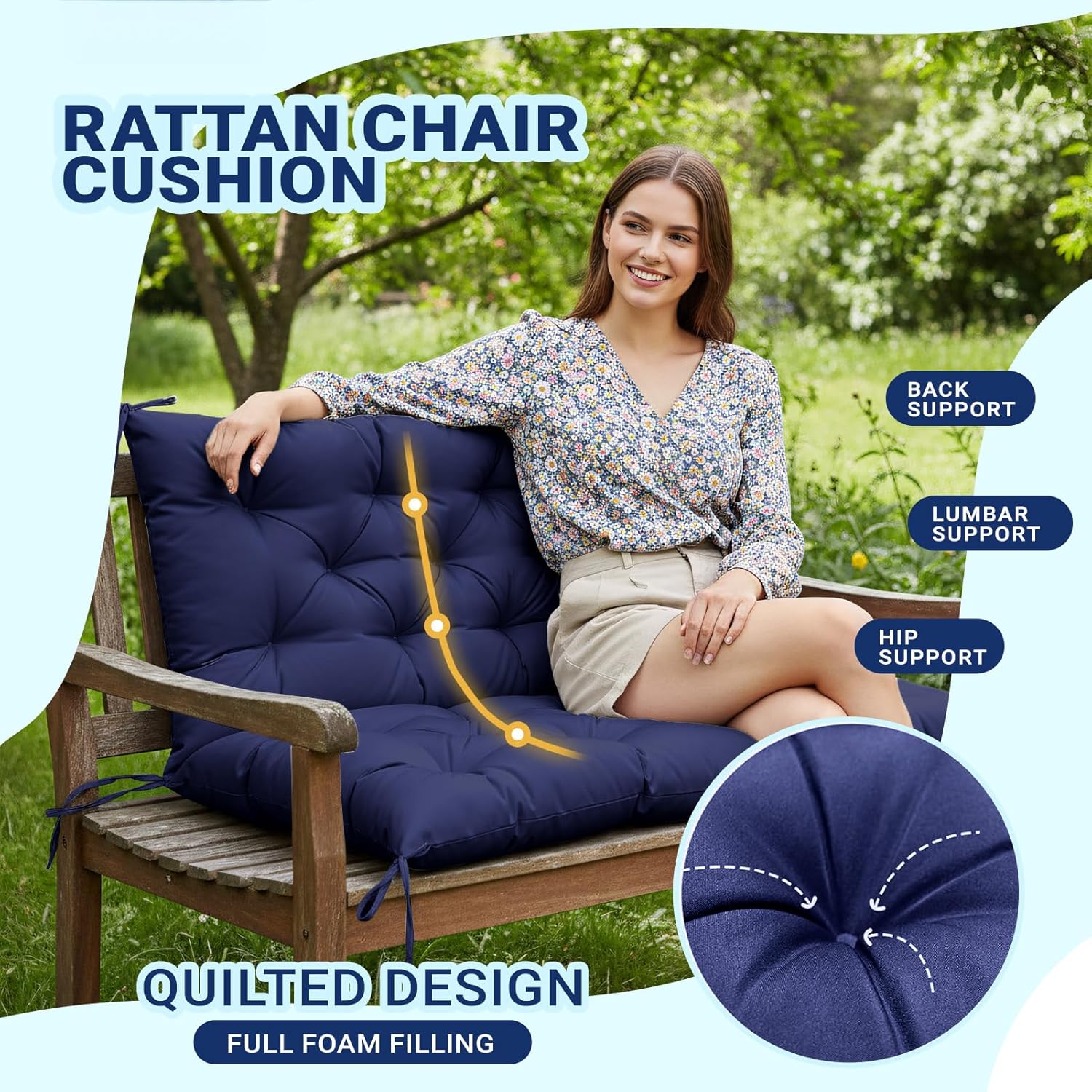 Detalle de ZxrFxr Waterproof Swing Seat Cushions: Navy 100x100cm for 2/3/4 Seater Benches