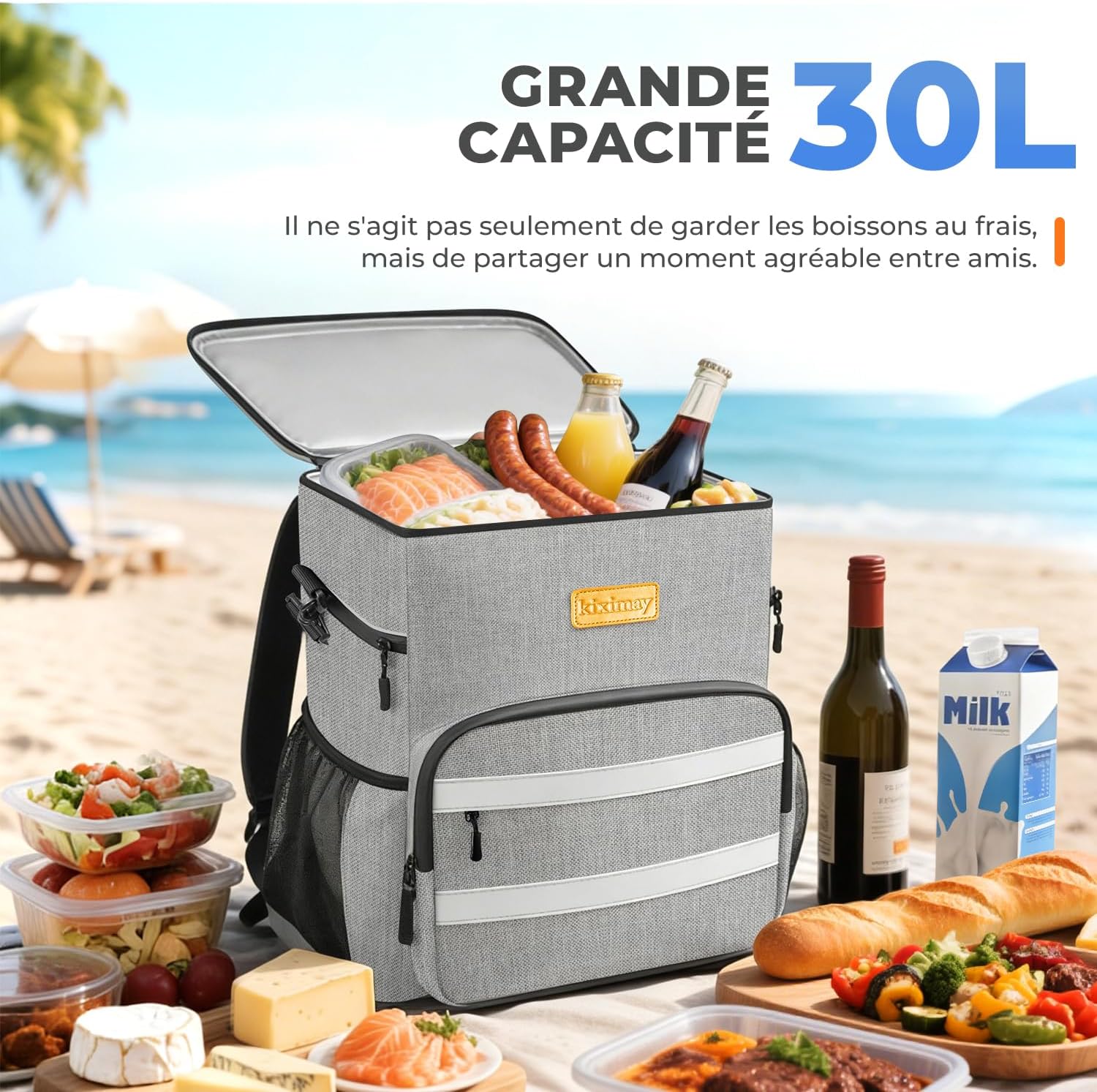 Detalle 2 de Sac à Dos Isotherme 30L Pliable – Grand Capacité, Maintien au Frais 24H, Gris