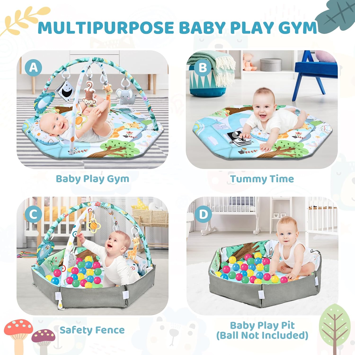 Detalle de Jyusmile 8-in-1 Baby Gym Play Mat, 43 x 39 in, Washable with 6 Toys