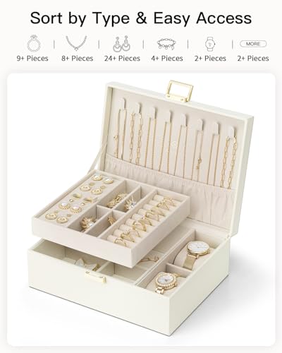 Thumbnail 6 de VLANDO Caja de Joyería 2 Capas Grande: Organizador Multifuncional en Cremas y Reloj