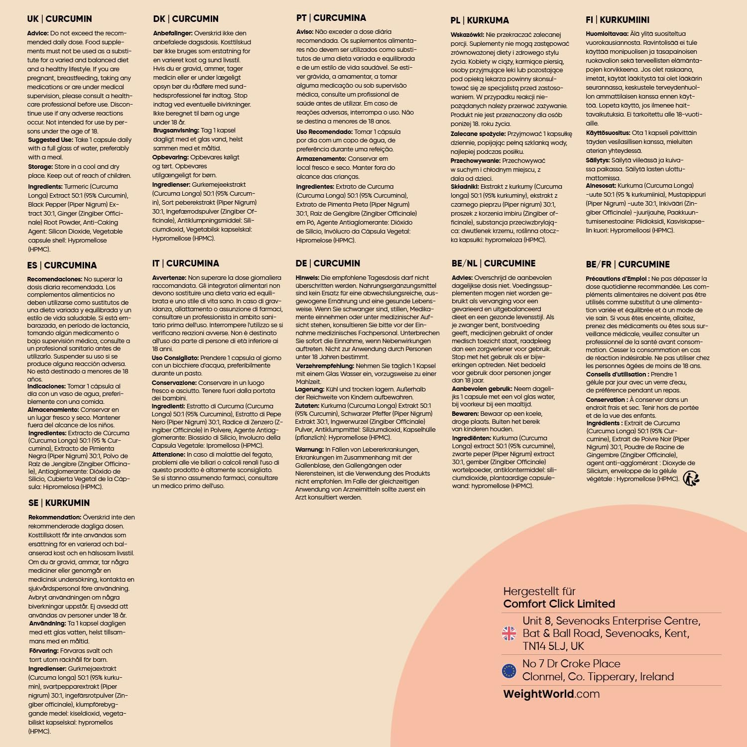 Detalle de Curcumin Kapseln 500 mg (50:1) – Kurkuma-Extrakt mit Ingwer & Schwarzem Pfeffer von WeightWorld, 180 Kapseln