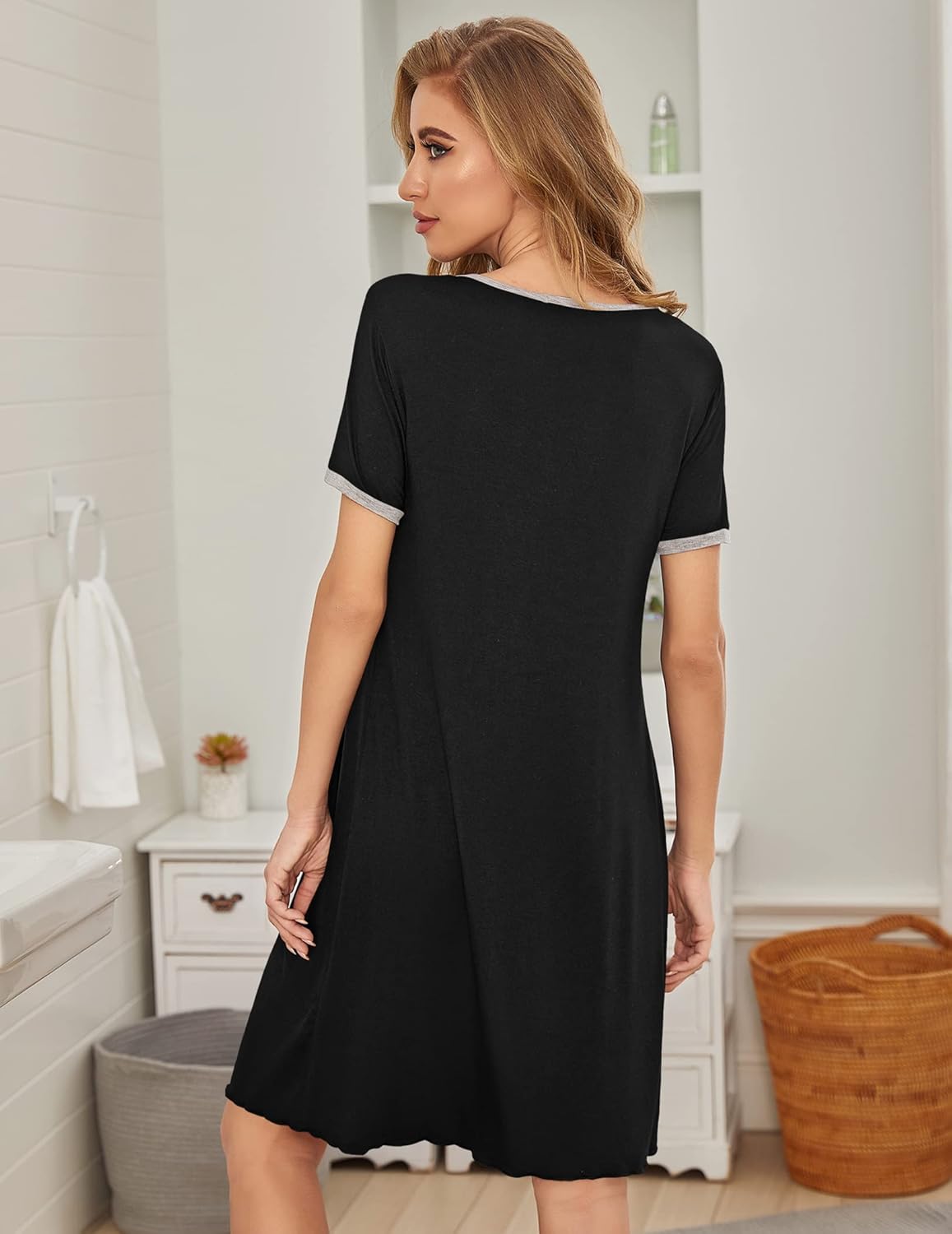 Detalle de Ekouaer Femme Chemise de Nuit Plissée – Robe de Nuit courte, manches courtes, 2 pièces S-XXL