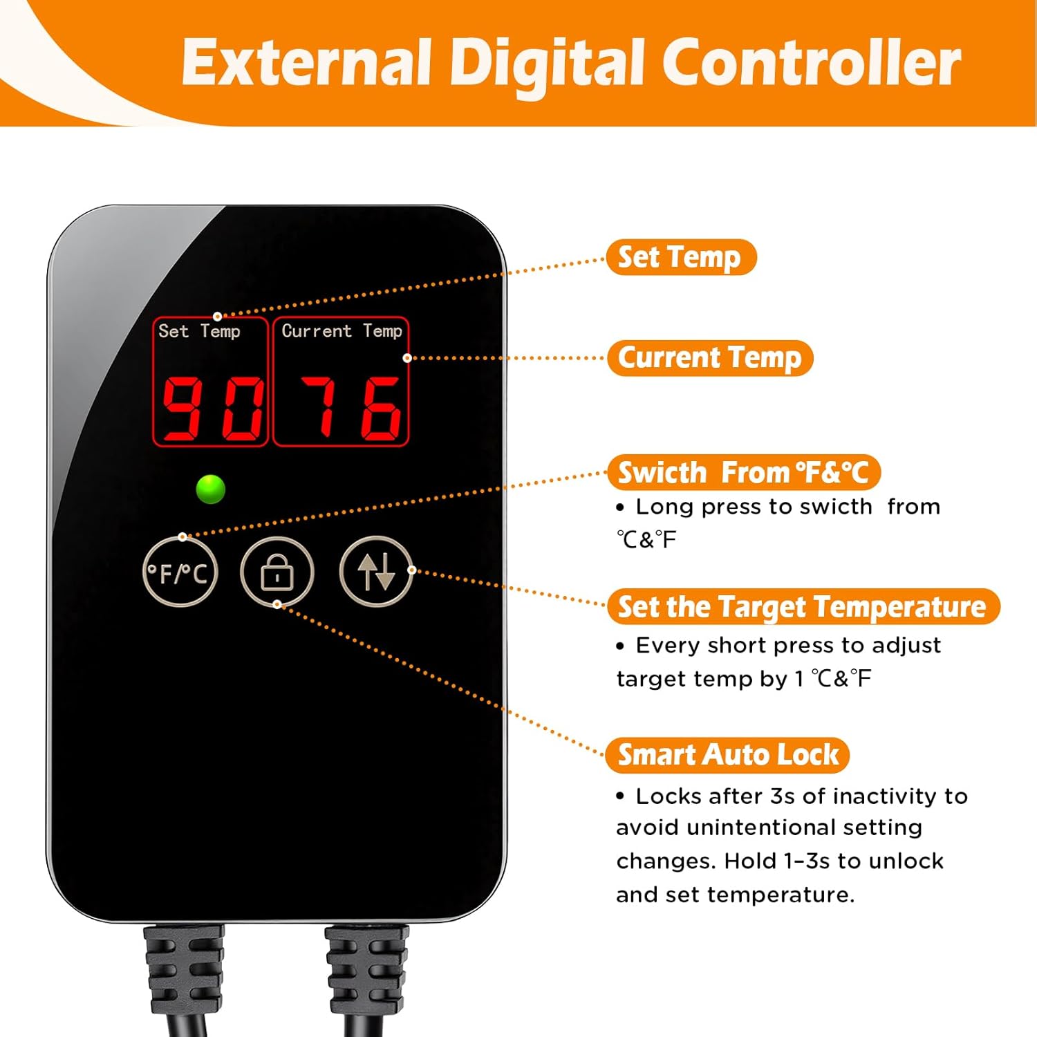 Detalle de AQQA Aquarium Heater 500W with external LED thermostat controller (quartz, submersible) for 200–500L tanks