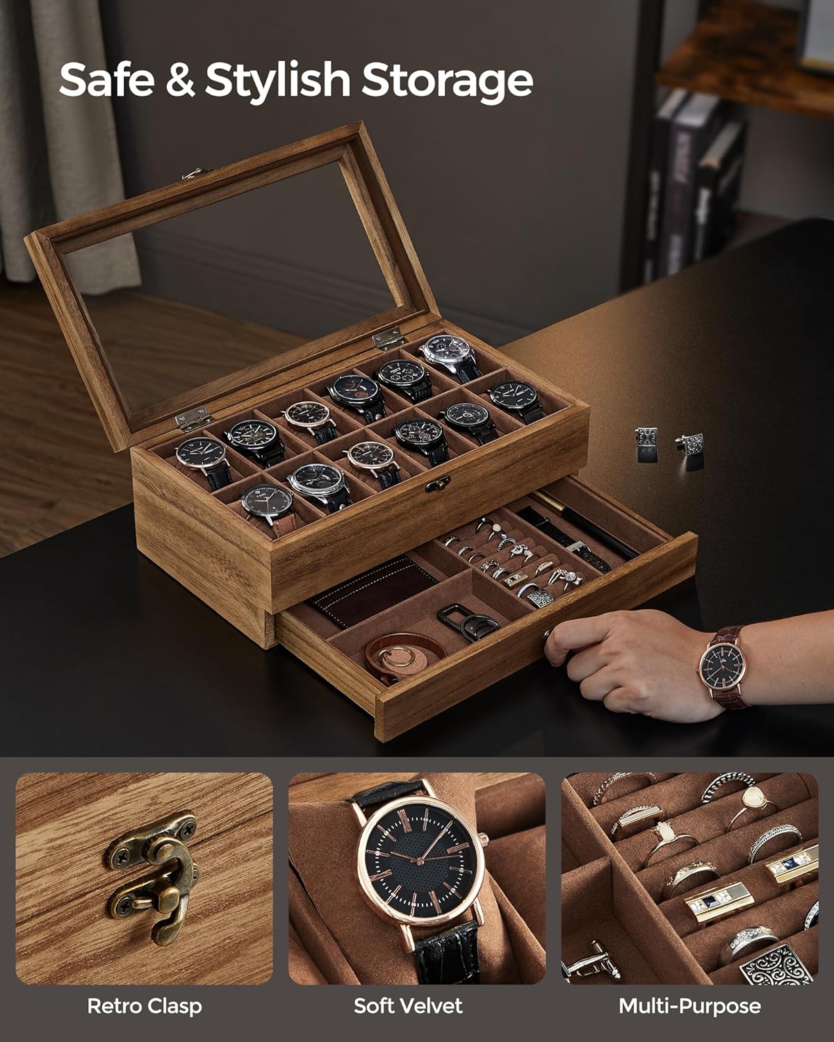 Detalle 2 de SONGMICS Watch Box with 12 slots, walnut
