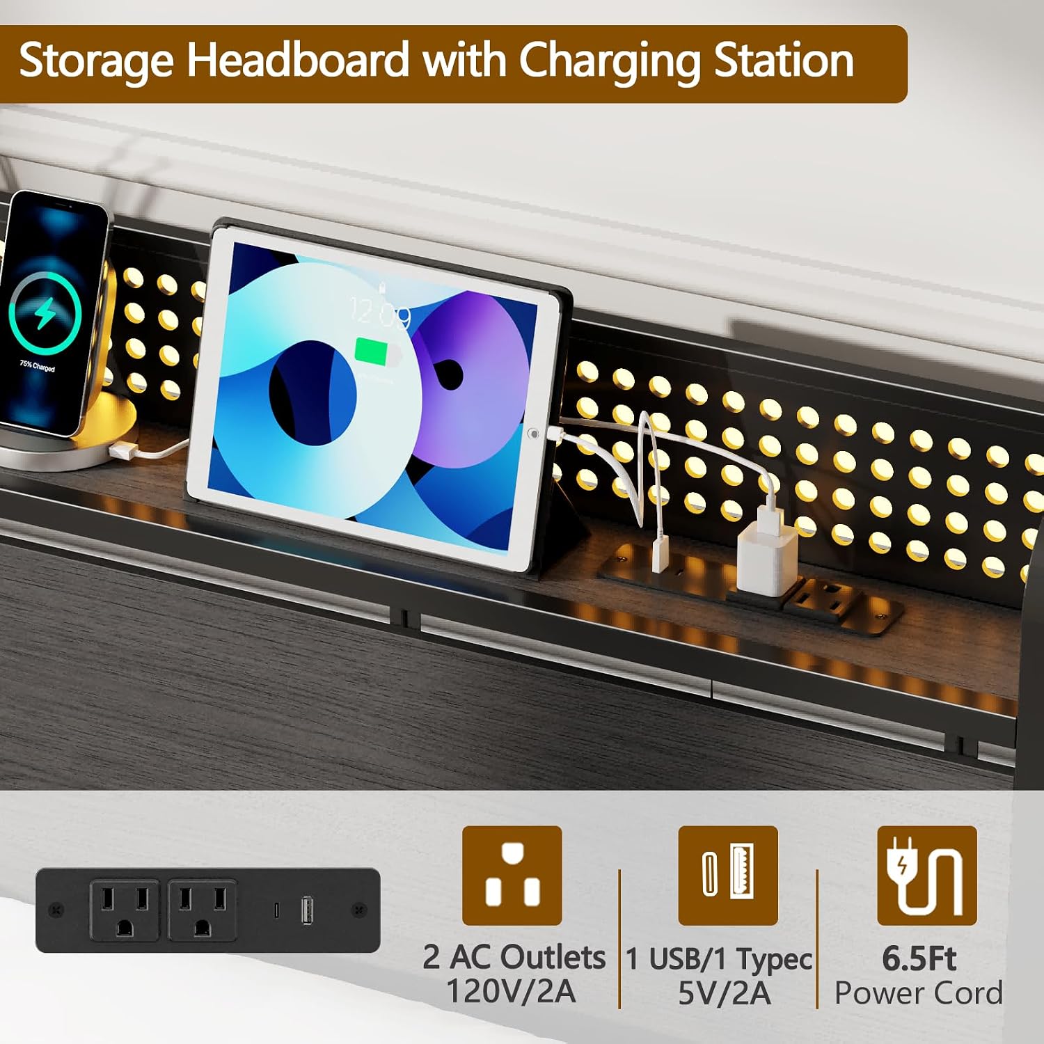 Thumbnail 3 de Furnulem HK-BF-001CLD-F-1-RG Full Bed Frame with Storage, Charging & RGB LEDs