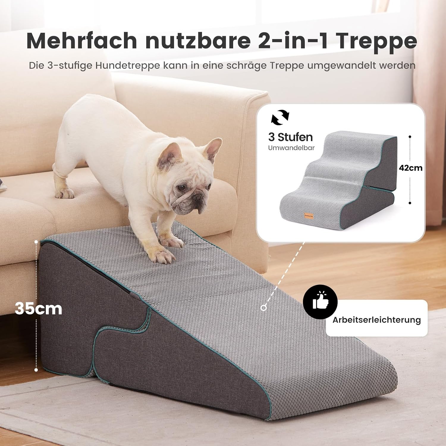 Detalle de Gardner Pet Hundetreppe für kleine Hunde (35/42 cm) mit 3 Stufen – rutschfeste Haustiertreppe aus hochdichtem Schaumstoff