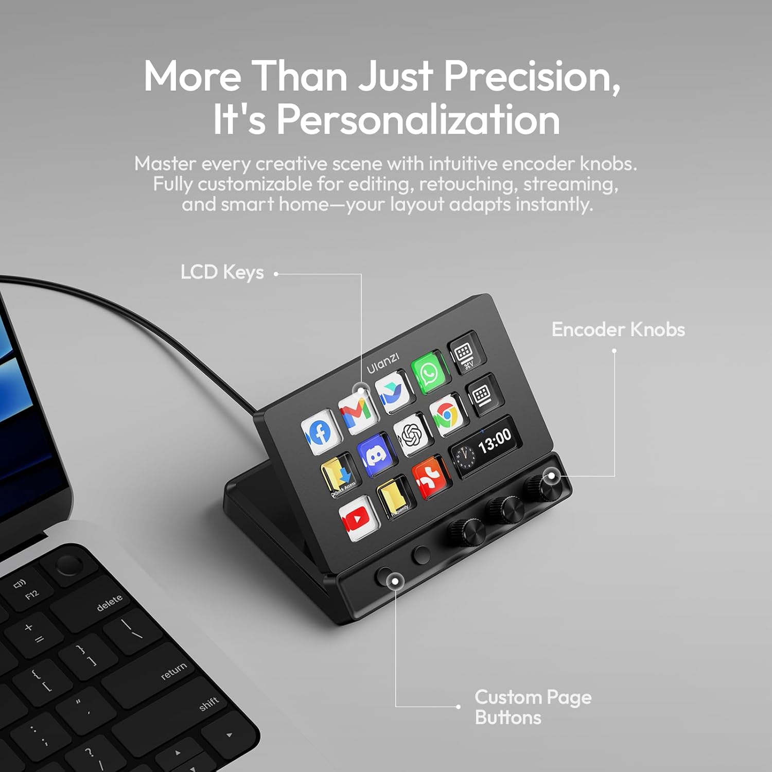 Thumbnail 2 de ULANZI D200X Flow Controller with 3 Knobs and 14 LCD Keys: 8-in-1 USB-C Hub for 4K HDMI Streaming, Editing, and Content Creation