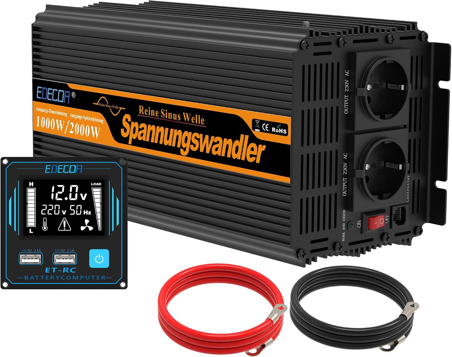 Detalle de EDECOA inverter 12V→220V onda pura 1000W (Pure Wave) con telecomando, USB e protezioni