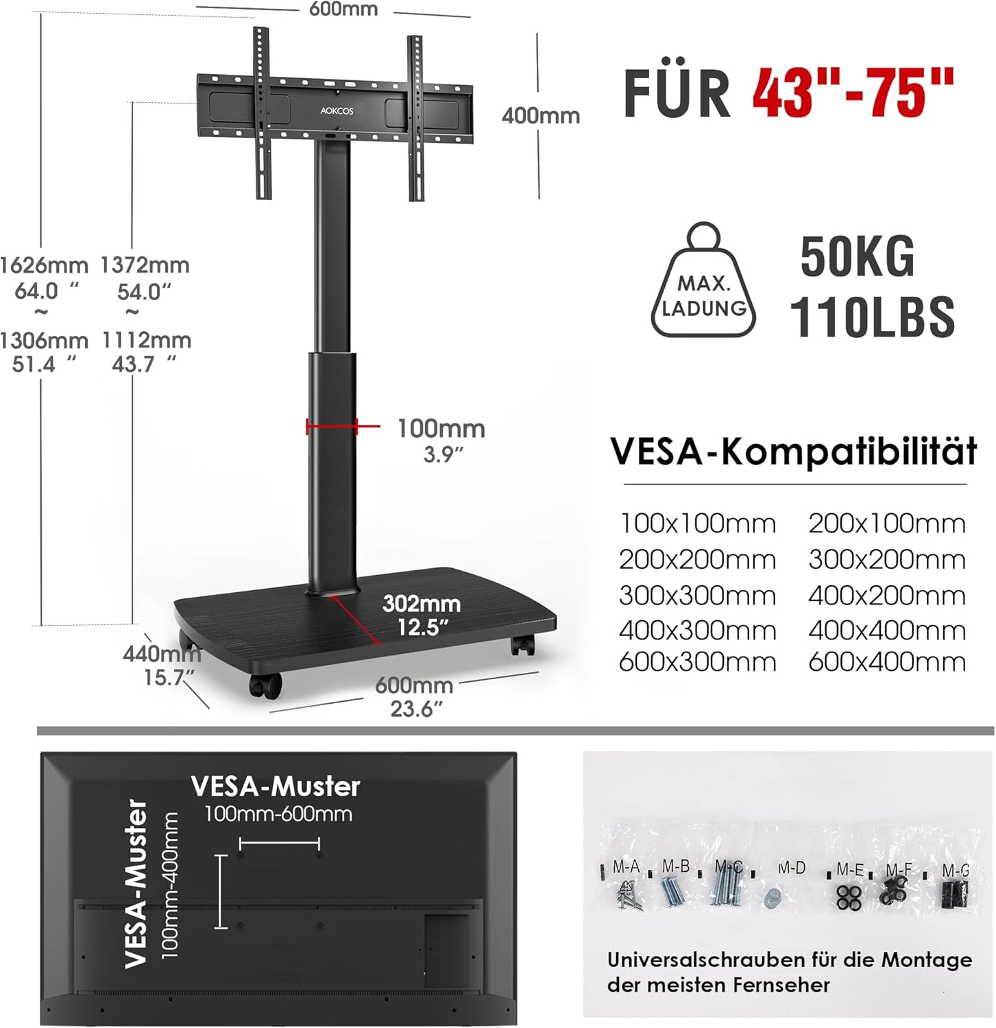 Thumbnail 5 de AOKCOS TV Bodenständer Rollbar mit Holzregal – verstellbar, kippsicher und flexibel für 43–75 Zoll