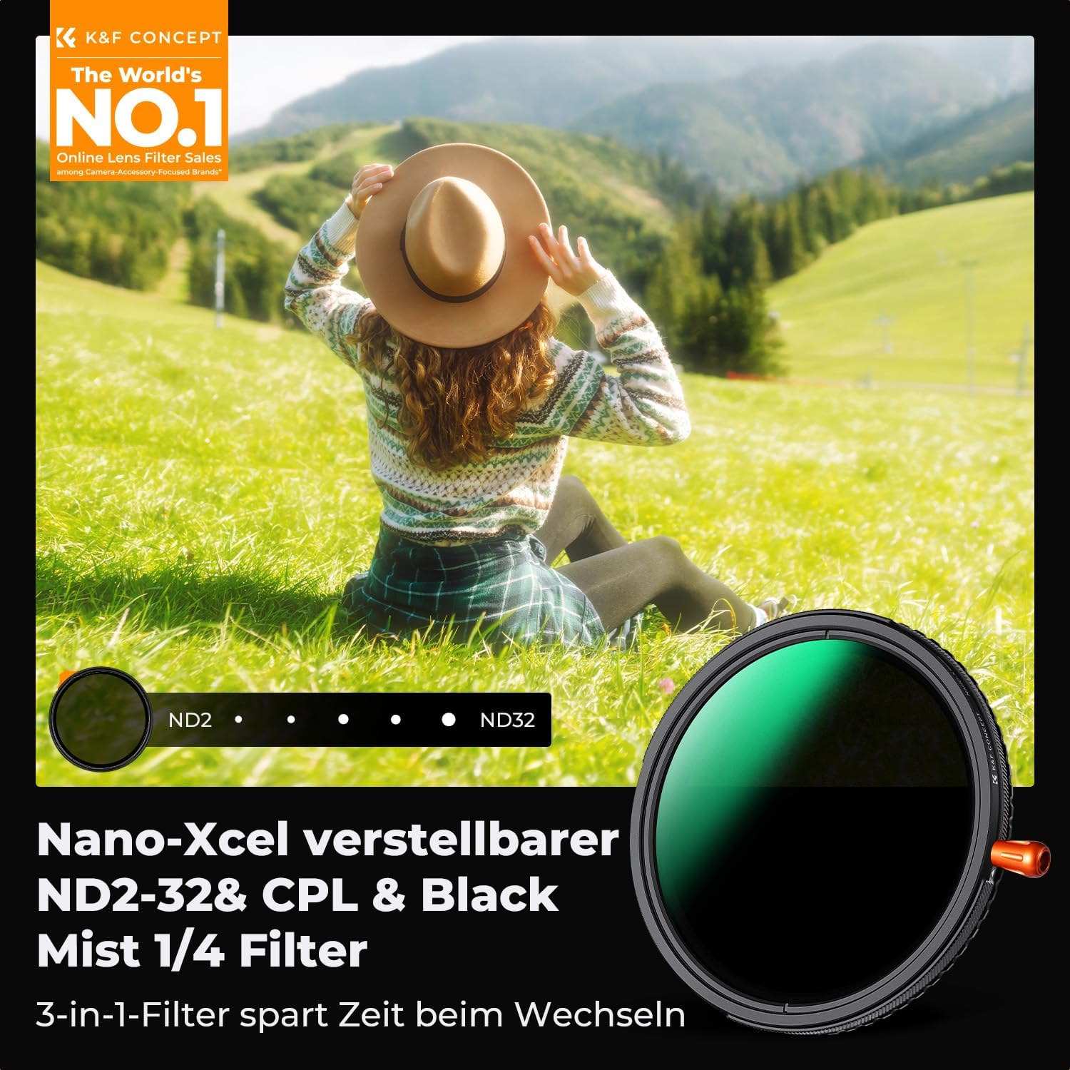 Thumbnail 1 de K&amp,F CONCEPT 52mm Variabler ND2-32 (1-5 Blendenstufen) + CPL + Black Mist 1/4 – 3-in-1 Filter für Video & Porträt