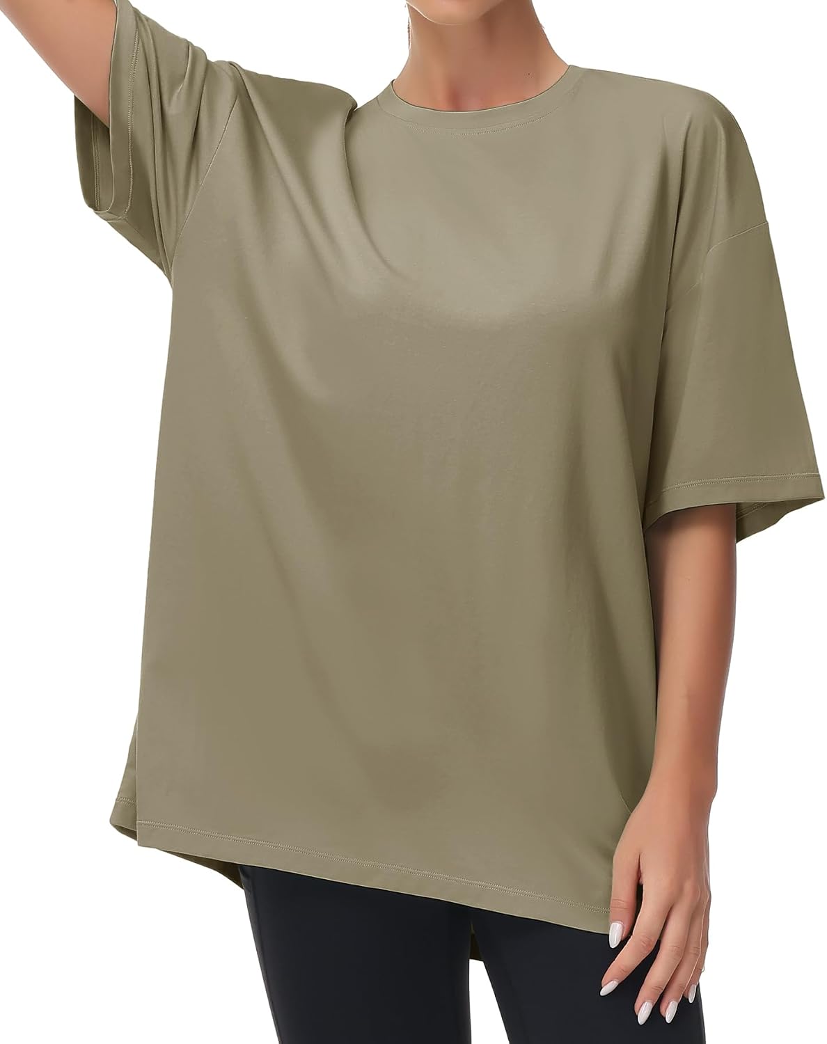 Detalle de THE GYM PEOPLE Damen Oversize T-Shirt mit Rundhalsausschnitt und kurzen Ärmeln