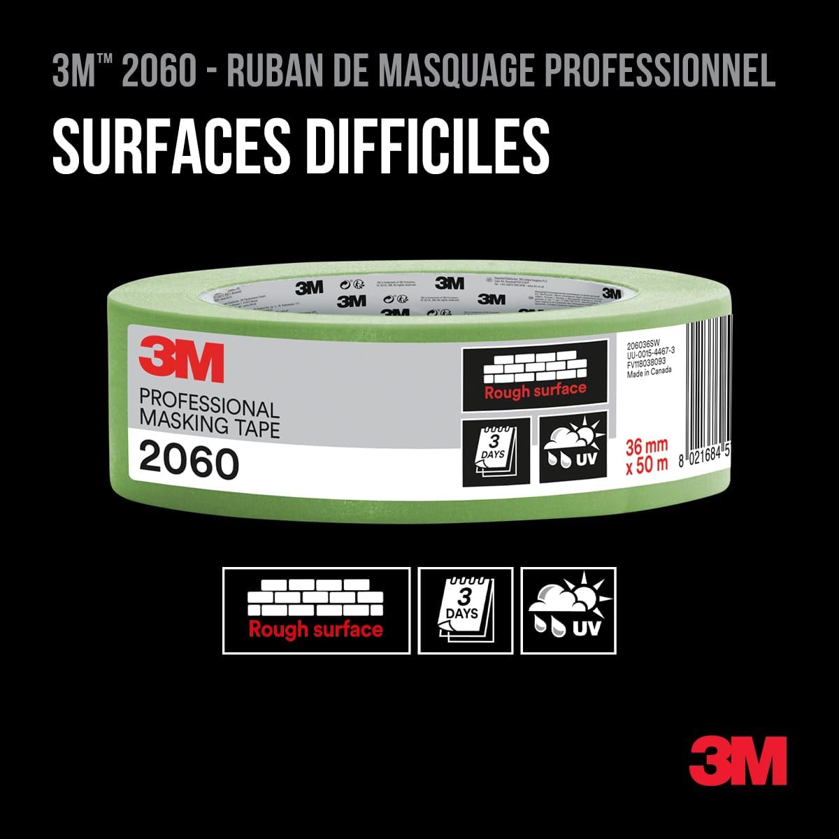 Thumbnail 3 de 3M Ruban de masquage 2060 – pour surfaces rugueuses et résistant UV, 48 mm x 50 m, vert