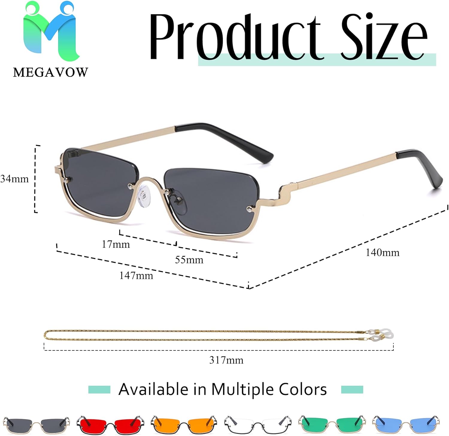 Thumbnail 1 de MEGAVOW Rétro Lunettes de Soleil Demi-Monture Rectangulaires – Style Vintage Hippie Punk