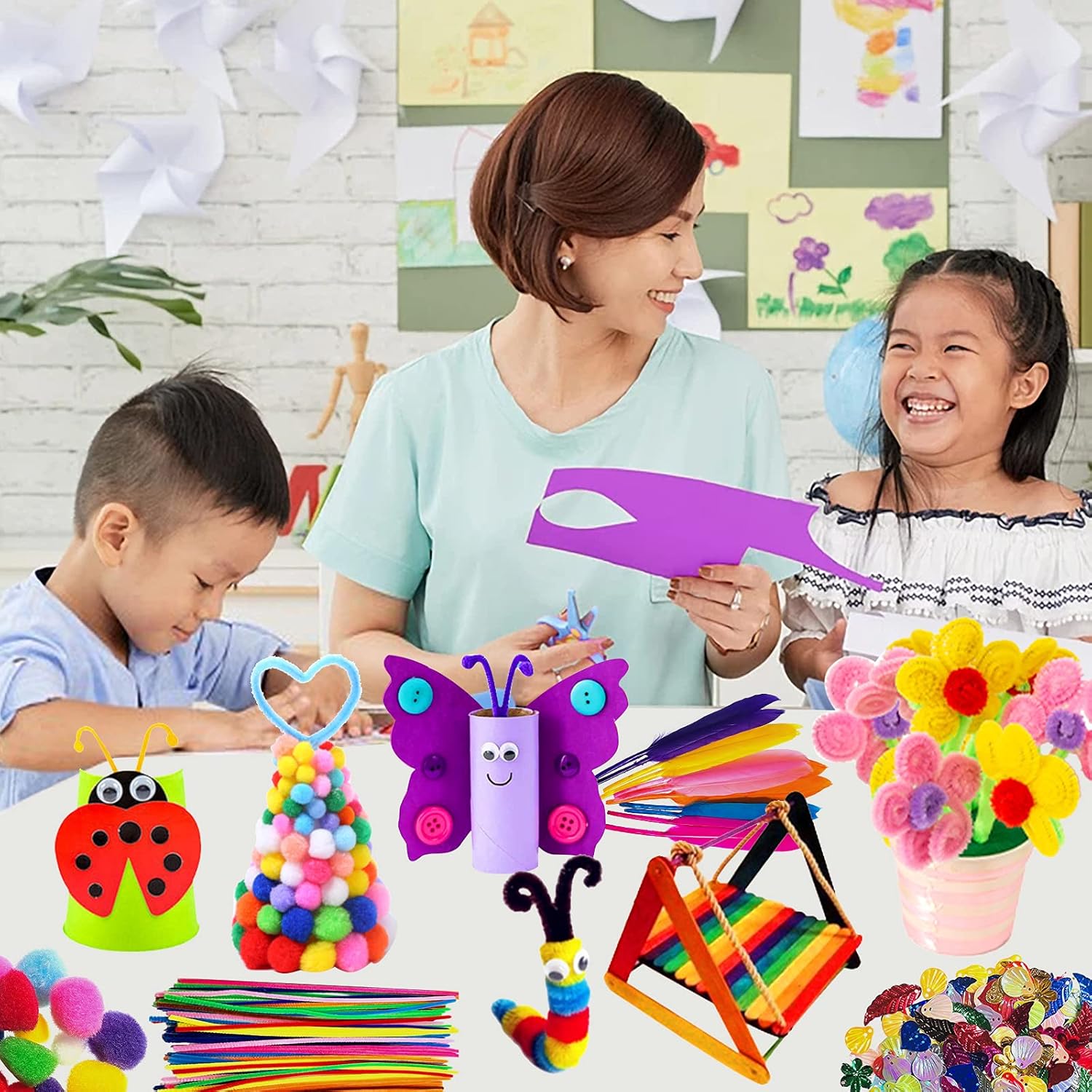 Thumbnail 1 de Bastelset Kinder Bastelkoffer mit 1300+ Teilen: Pailletten, Pfeifenreiniger, Pompons & mehr für DIY-Projekte