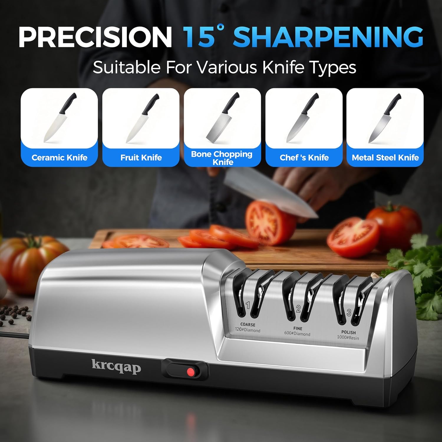 Thumbnail 3 de Electric Knife Sharpener for Kitchen (3-Stage Diamond System) with 15° Precision Angle Guide