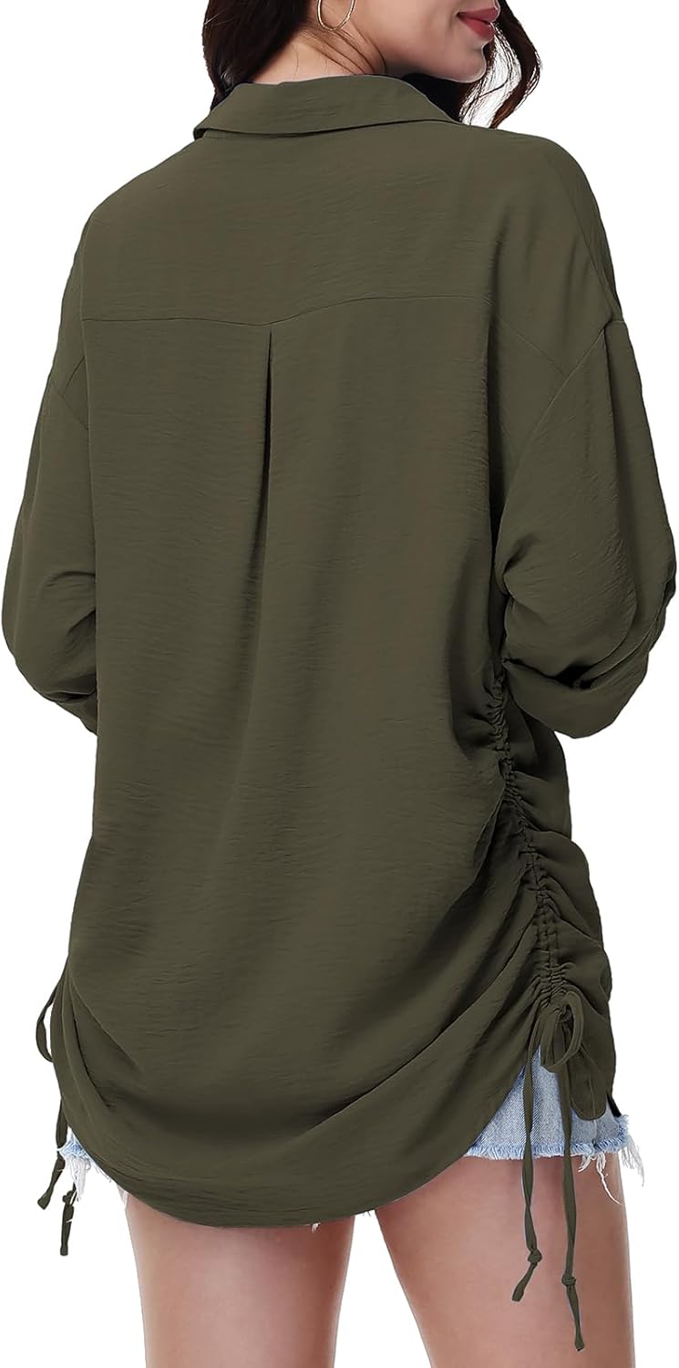 Thumbnail 2 de Tanmolo Damen Longbluse mit V-Ausschnitt – lockeres Hemdbluse-Layer mit Kordelzug