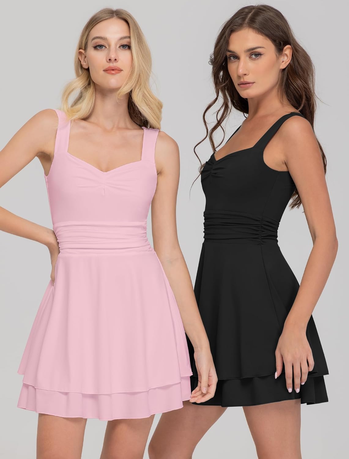 Detalle 1 de IWD Women's Square Neck Mini Dress with Ruched Waist and Tiered Ruffle Hem