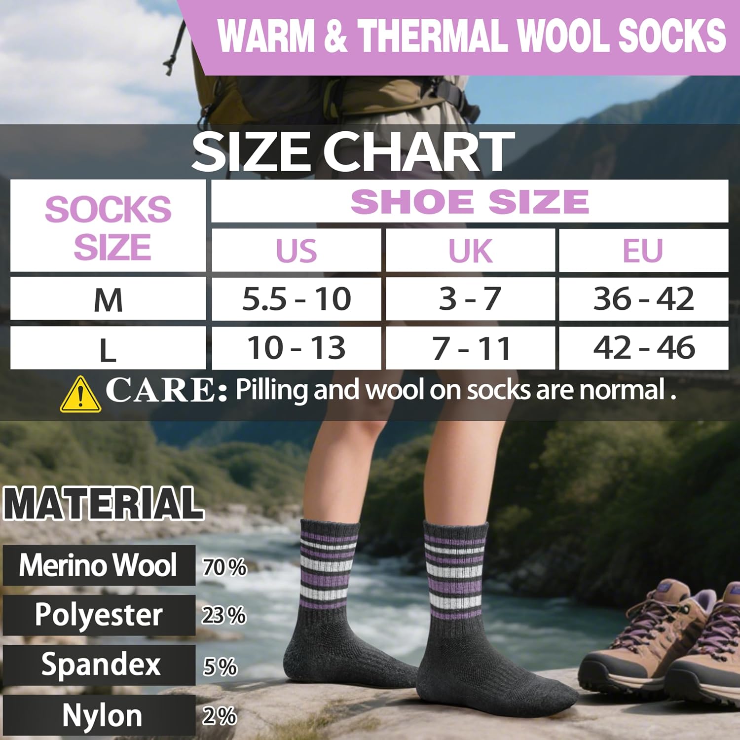 Thumbnail 4 de EBMORE Merino Wool Thermal Hiking Socks 5 pairs