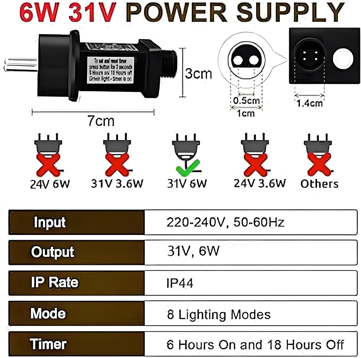 Detalle de yowin Compacte adapter voor kerstverlichting, 31 V, timer en 8 lichtstanden