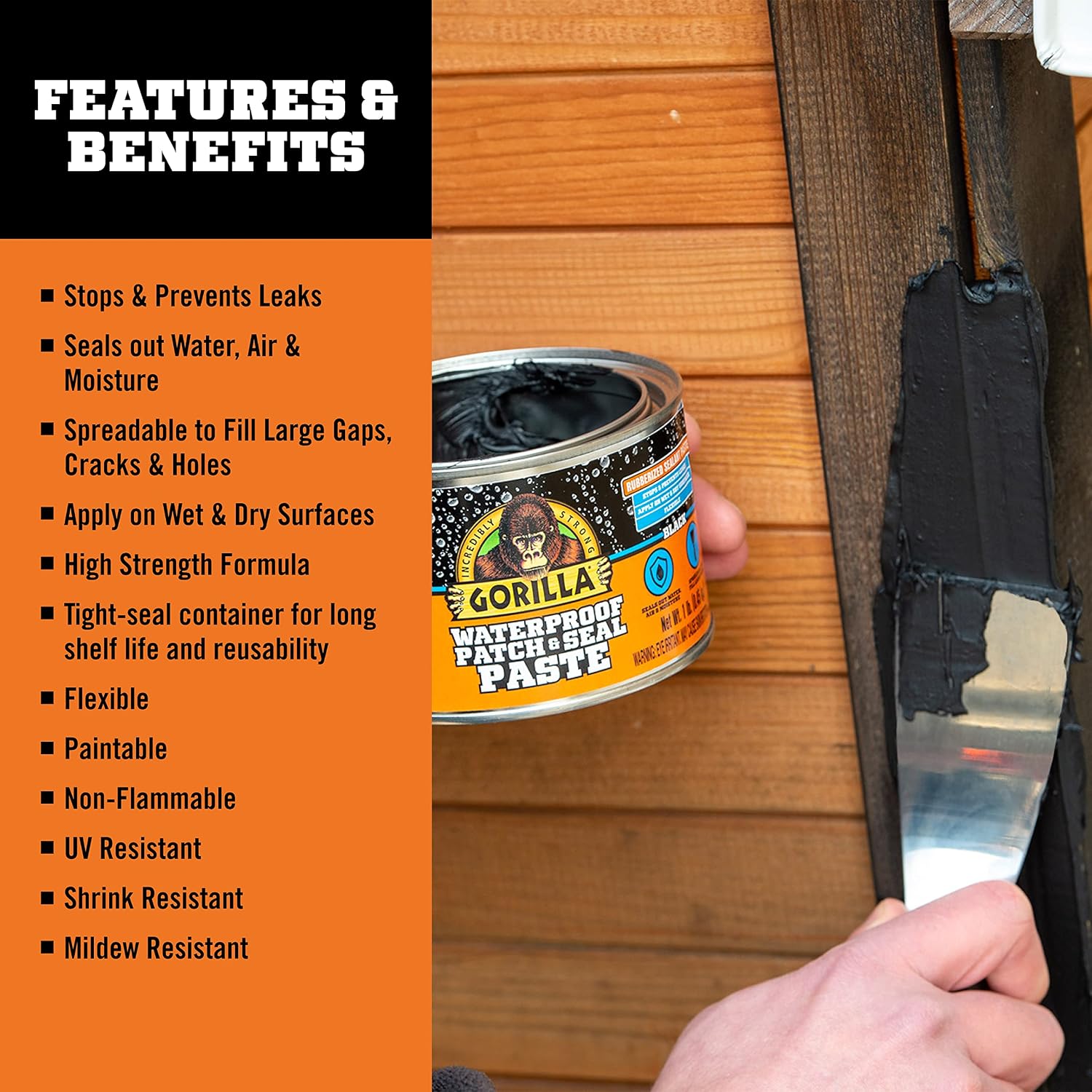 Detalle de Gorilla 120339 Waterproof Patch & Seal Paste, Black, 454 g