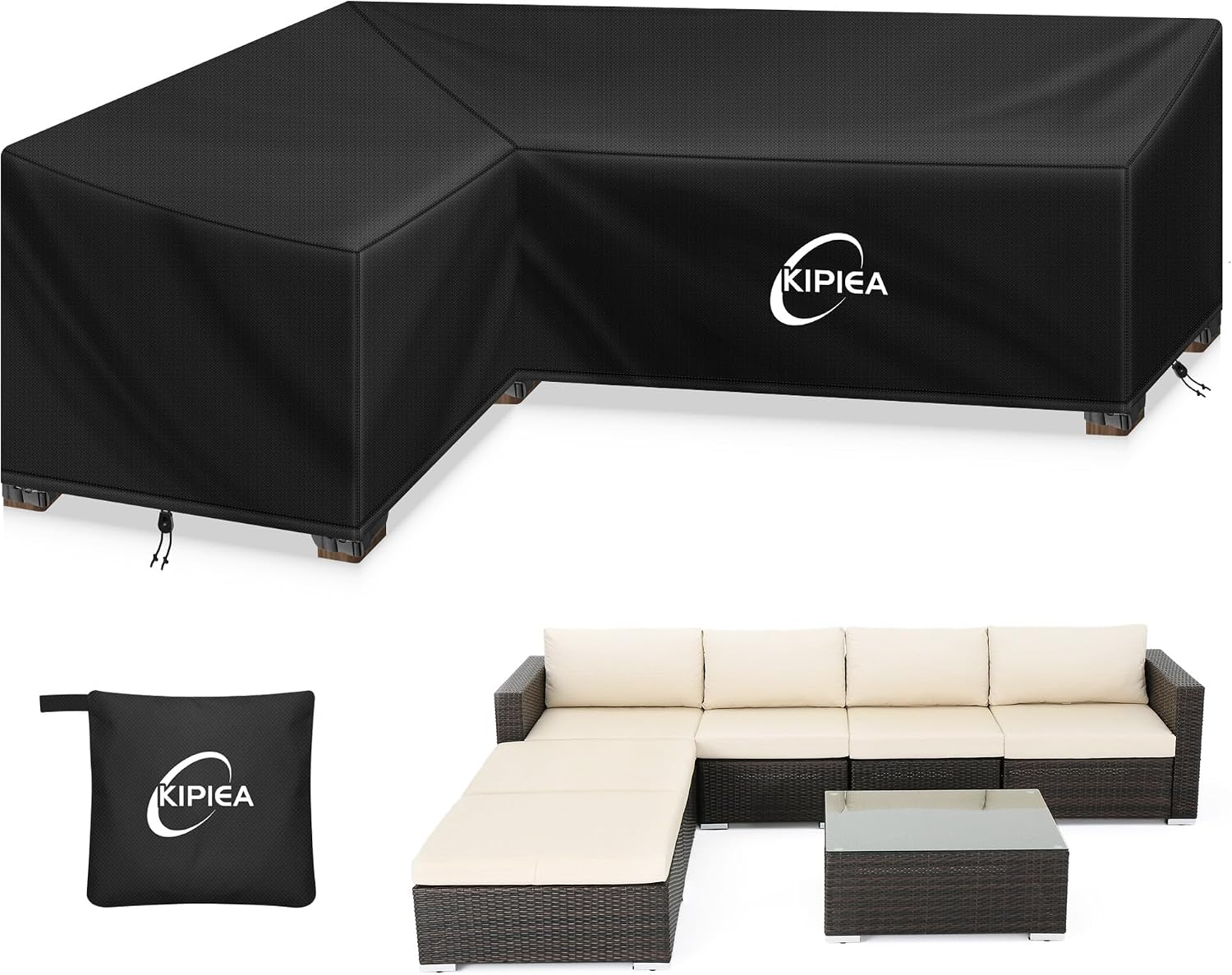 Detalle de Kipiea L-Shaped Garden Furniture Covers: Waterproof 500D Oxford, Windproof, UV-Resistant (Left Side, 229x305x85x78cm)
