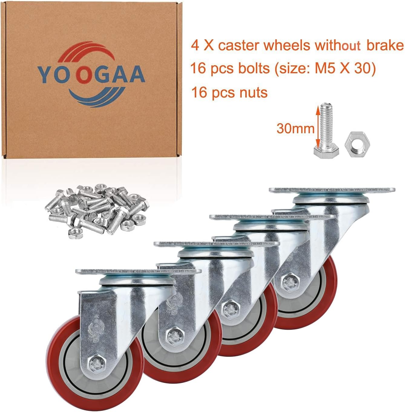 Thumbnail 6 de 75 mm Heavy Duty Casters: Set of 4, 450 kg Capacity, 360° Swivel Bearings (Without Brakes)