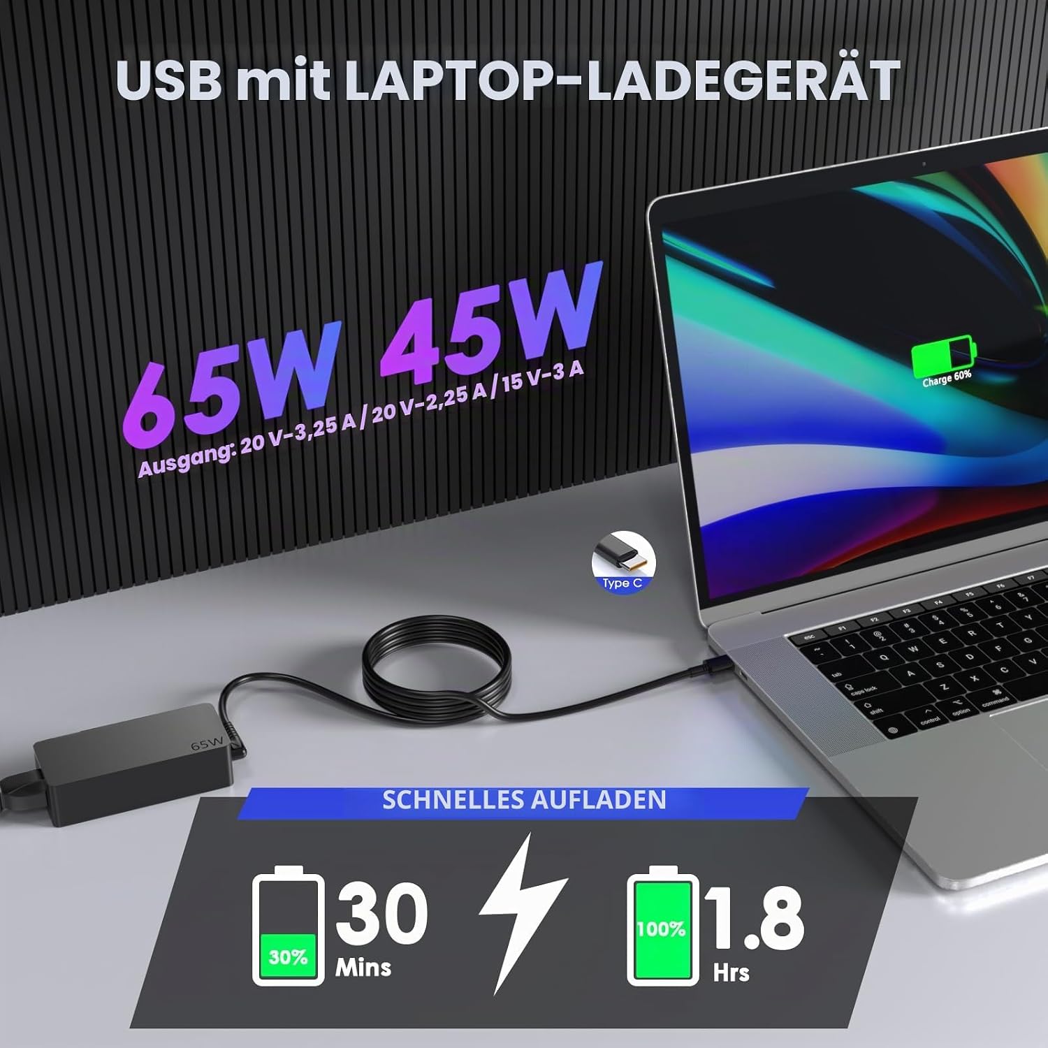 Detalle de 65W USB‑C Laptop Netzteil für Lenovo ThinkPad – Kompakt, sicher und universell einsetzbar
