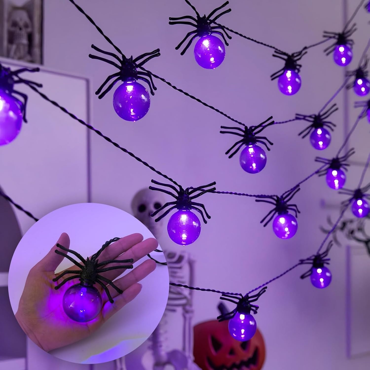 Detalle 2 de Lerphado SSL-001 Purple Spider Halloween String Lights, 10 ft, 20 LEDs