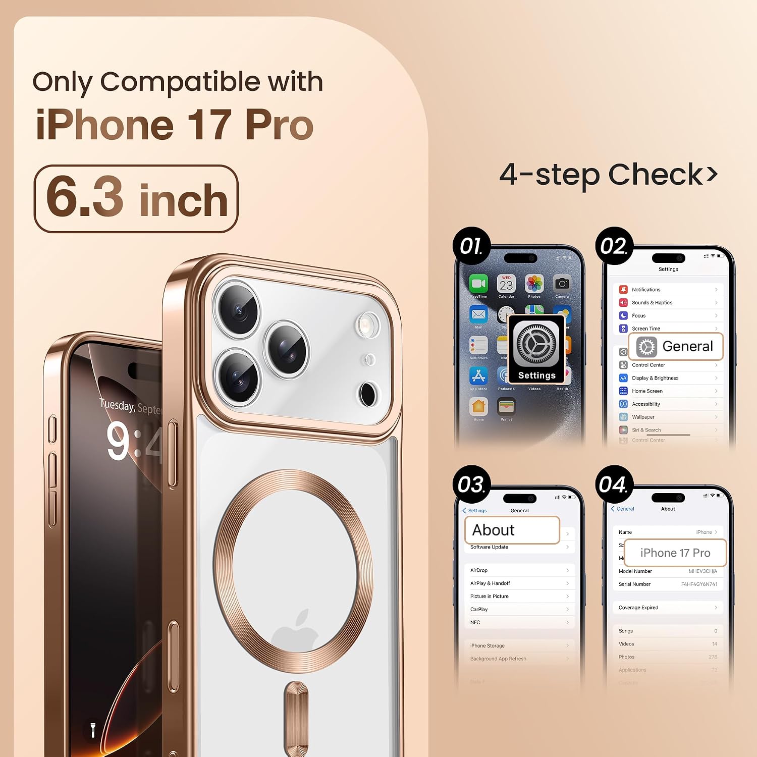 Detalle 2 de GolbinBox iPhone 17 Pro Case with Stand (6.3 inches) for MagSafe, Rose Gold/Clear