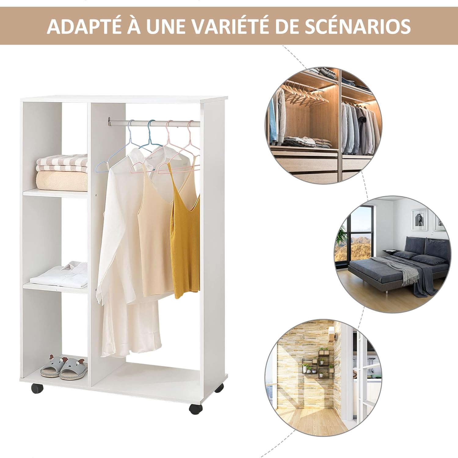 Detalle de HOMCOM armoire penderie mobile en panneaux de particules blanc avec 4 roulettes