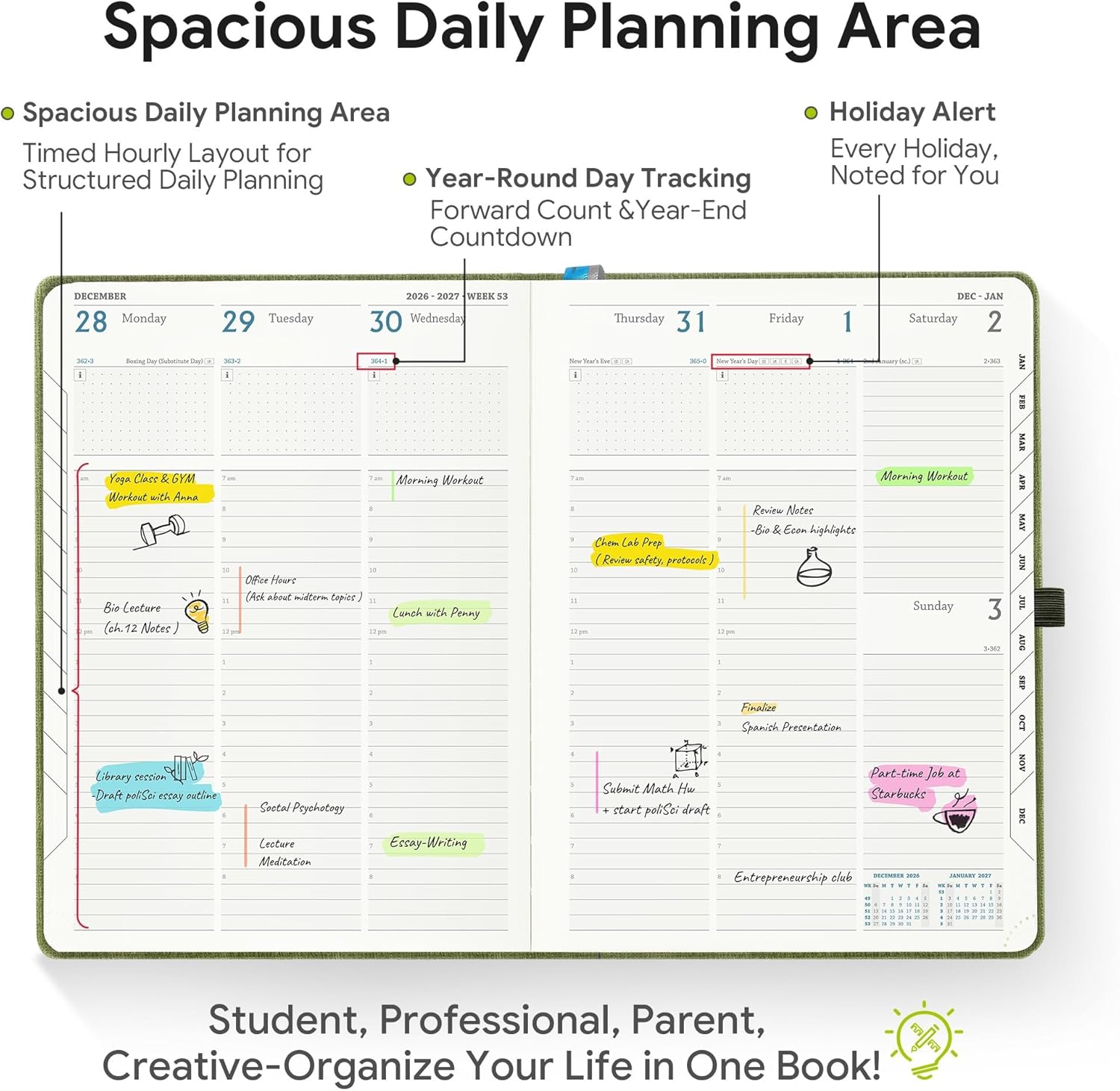 Thumbnail 2 de IN-LUXPRO Academic Diary 2026–2027 Week to View A4 Large, Olive Green PU Leather