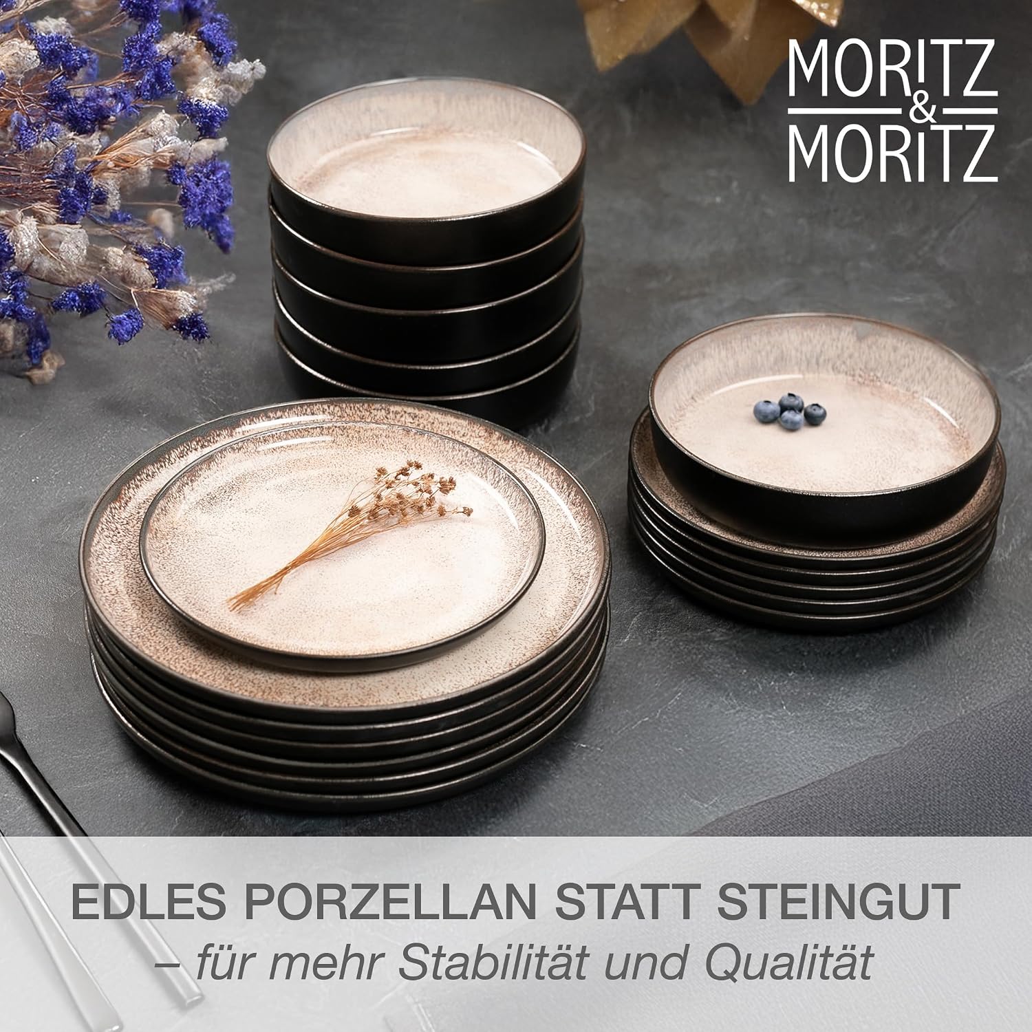 Detalle 2 de Moritz & Moritz VIDA Geschirrset 6 Personen Beige – 18-tlg. Porzellan, mikrowellen- & spülmaschinengeeignet