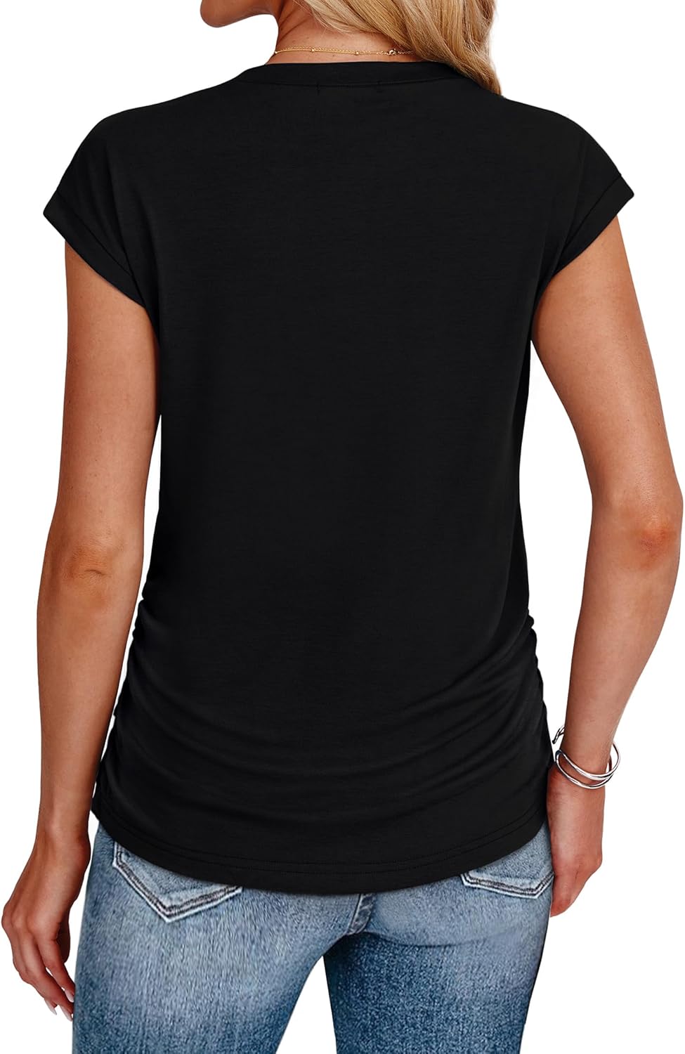 Detalle de SAMPEEL Ruched Cap Sleeve Crew Neck T-Shirts for Women (Summer 2025)