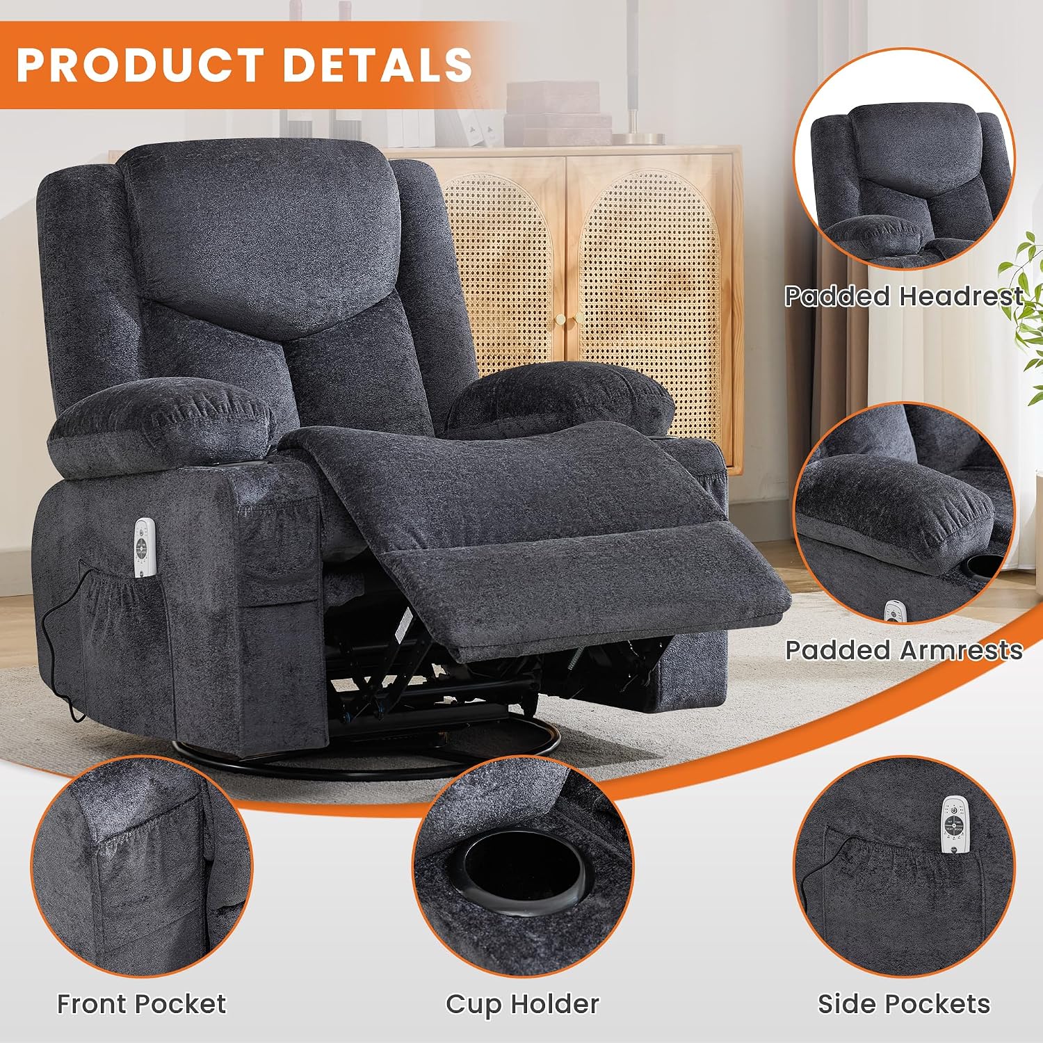 Detalle 1 de BOSMILLER Swivel Recliner Chair with 350 lb Capacity