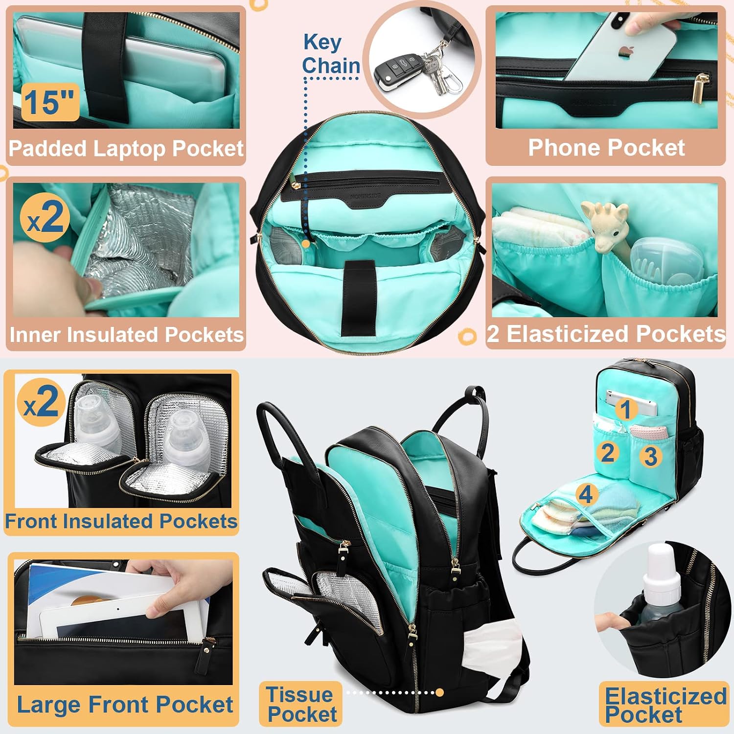 Detalle de MOMINSIDE Diaper Backpack with 18 Pockets