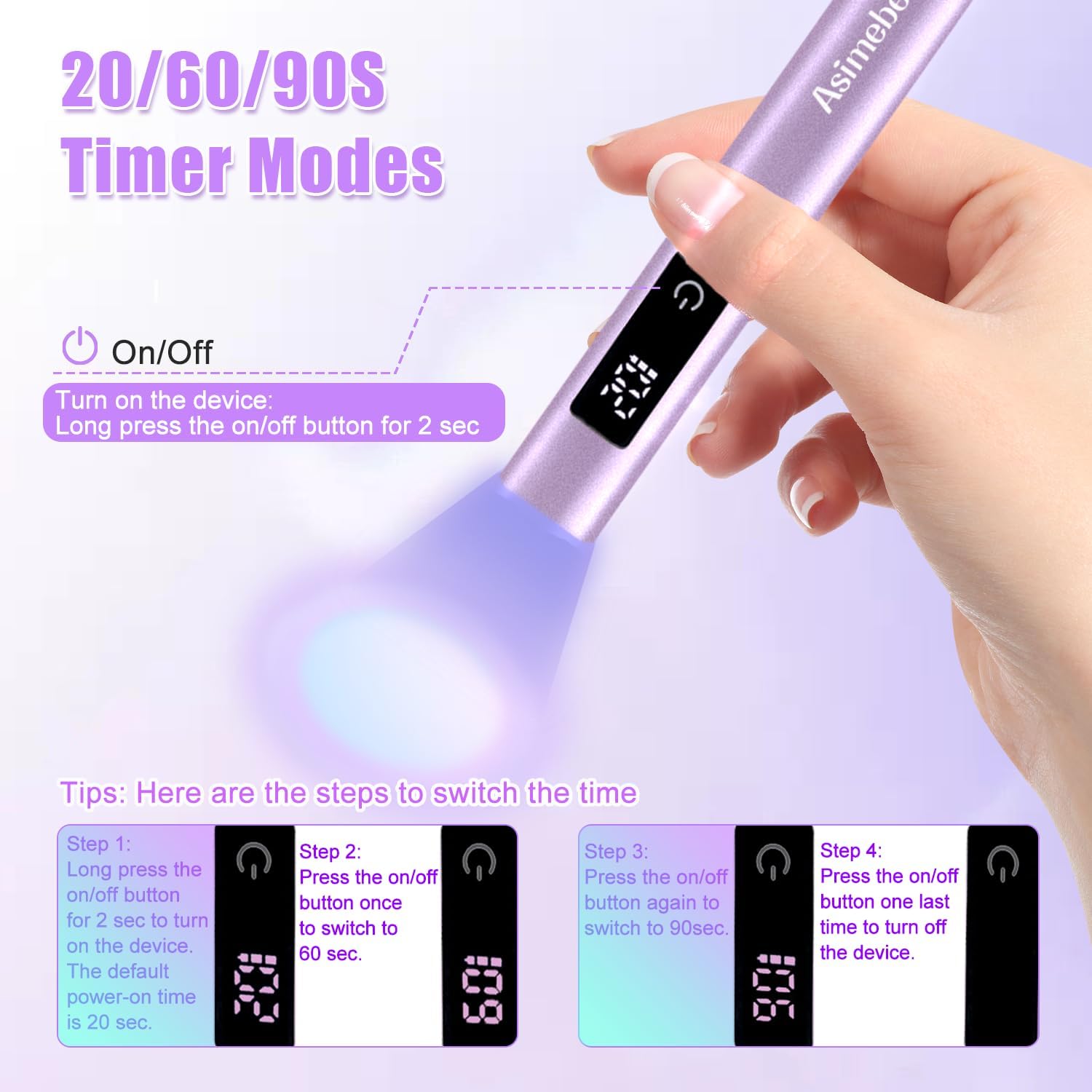 Detalle 2 de Asimebesty Mini UV-LED Lampe für Gelnägel (395 nm) – wiederaufladbar, 20/60/90 s