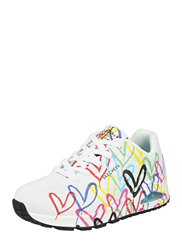 Detalle de Skechers Damen UNO Spread the Love Sneaker – White/Durabuck Multi Color Herzprint & Mesh, Größe 41