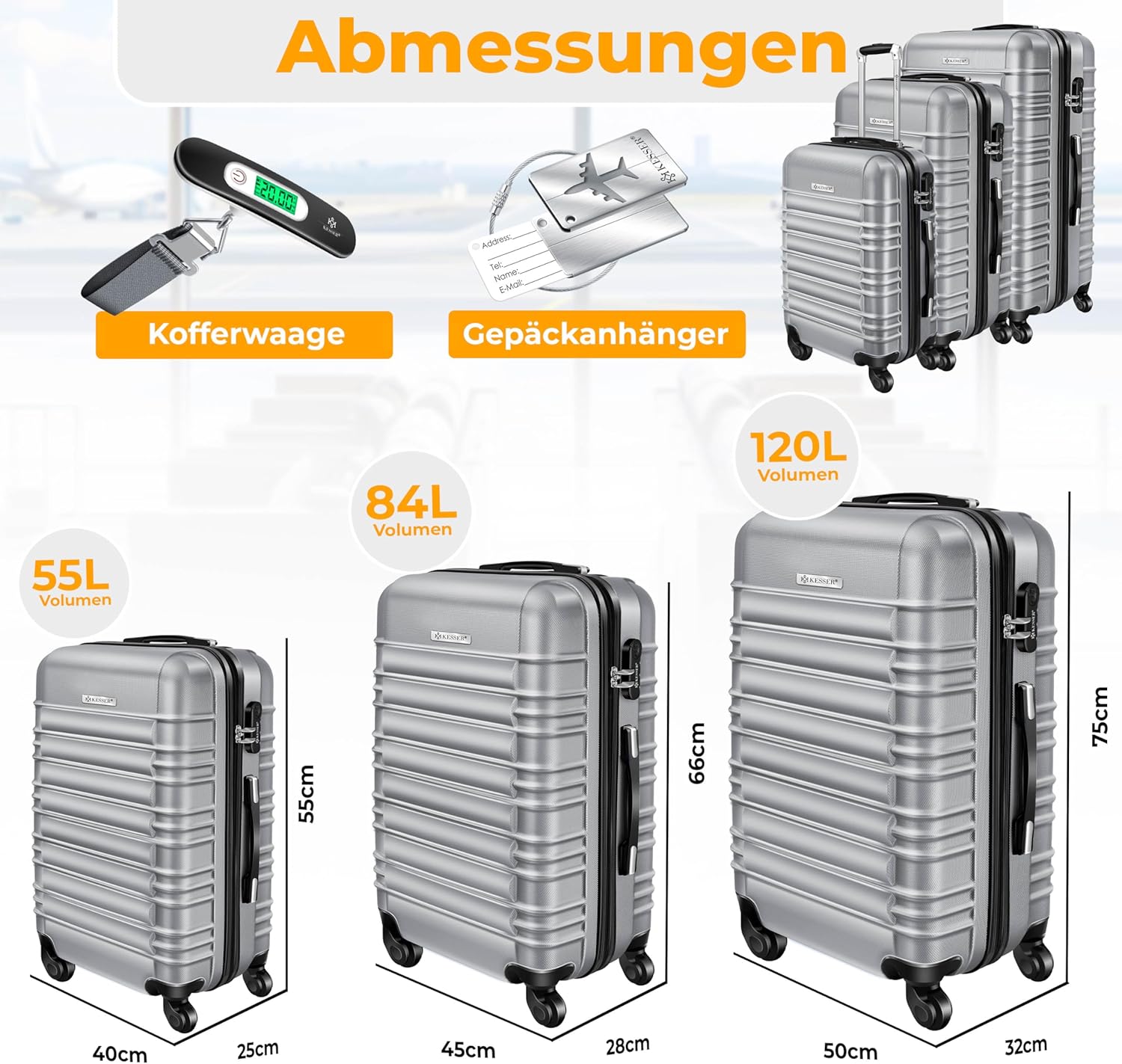 Detalle 2 de KESSER 3tlg. Hartschalenkofferset – ABS-Hartschale, M-L-XL mit Kofferwaage, Gepäckanhänger und TSA-Schlösser