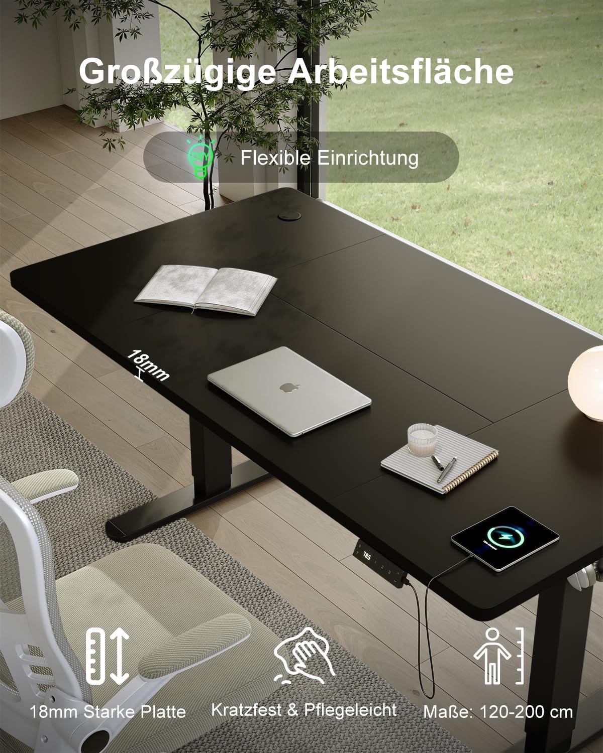 Detalle de Devoko Höhenverstellbarer Schreibtisch 140x80 cm – elektrisch höhenverstellbar mit Typ-C Ladeanschluss, Kabelmanagement und Mobilität