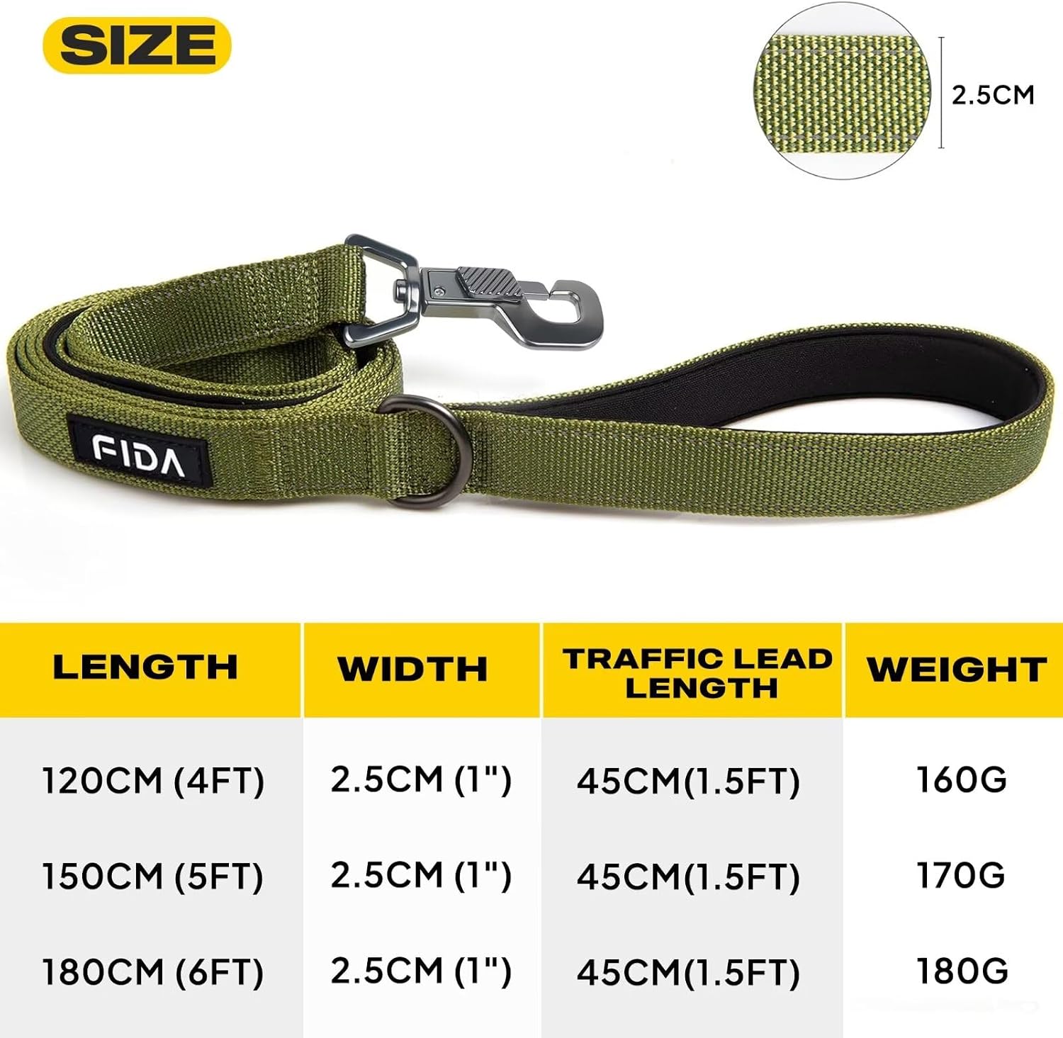 Detalle de Fida Heavy Duty Dog Lead for Medium/Large Dogs (1.2M) – Traffic Handle, Reflective, Double‑Handled Design