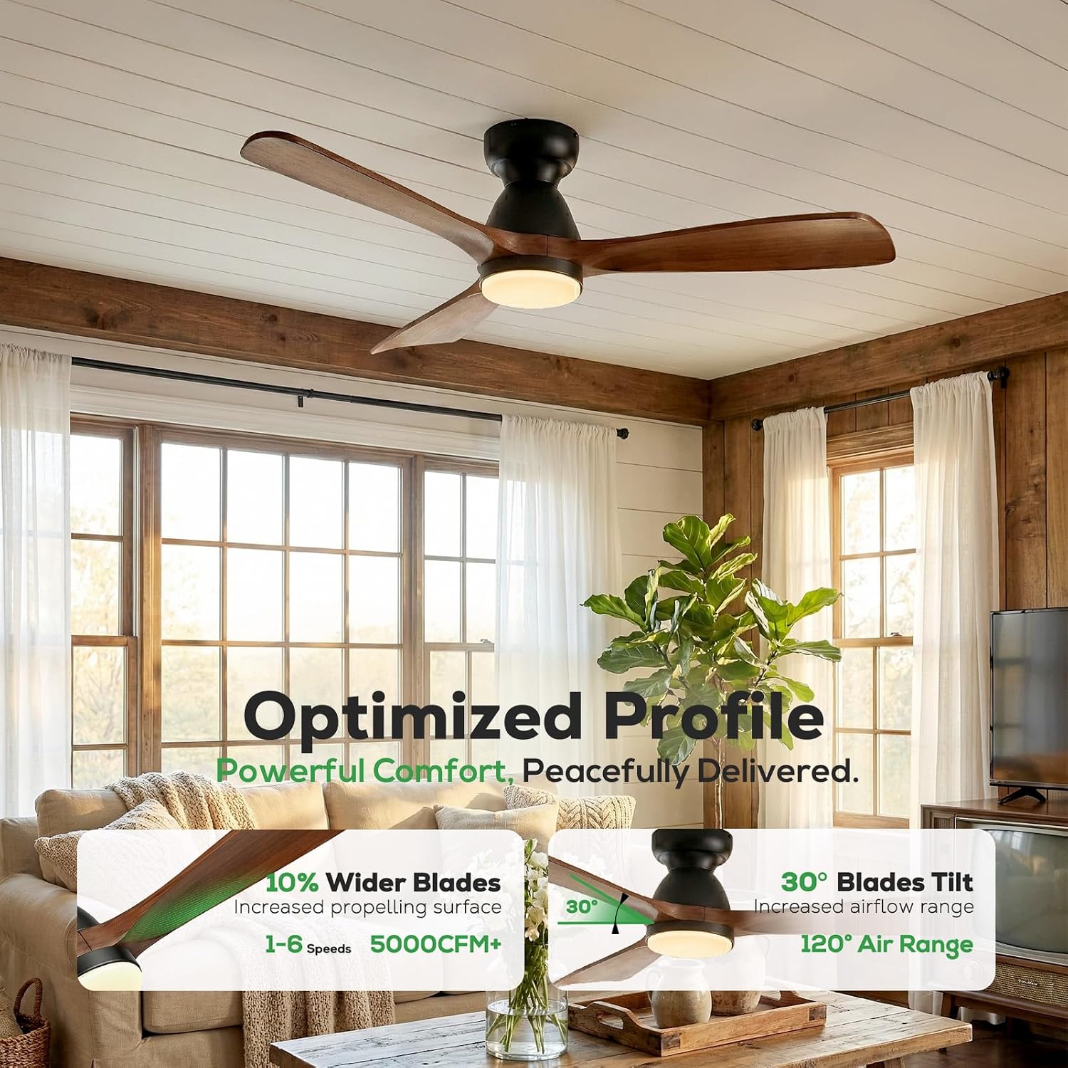 Detalle de ORGINESE 8726L-52 52-Inch Flush-Mount Ceiling Fan, Dark Walnut, Dimmable LED