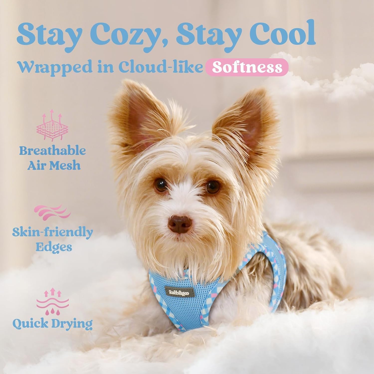 Thumbnail 2 de rabbitgoo Small Dog Step-in Soft Mesh Harness (Blue & Plaid Trim) with Reflective Strips, size S